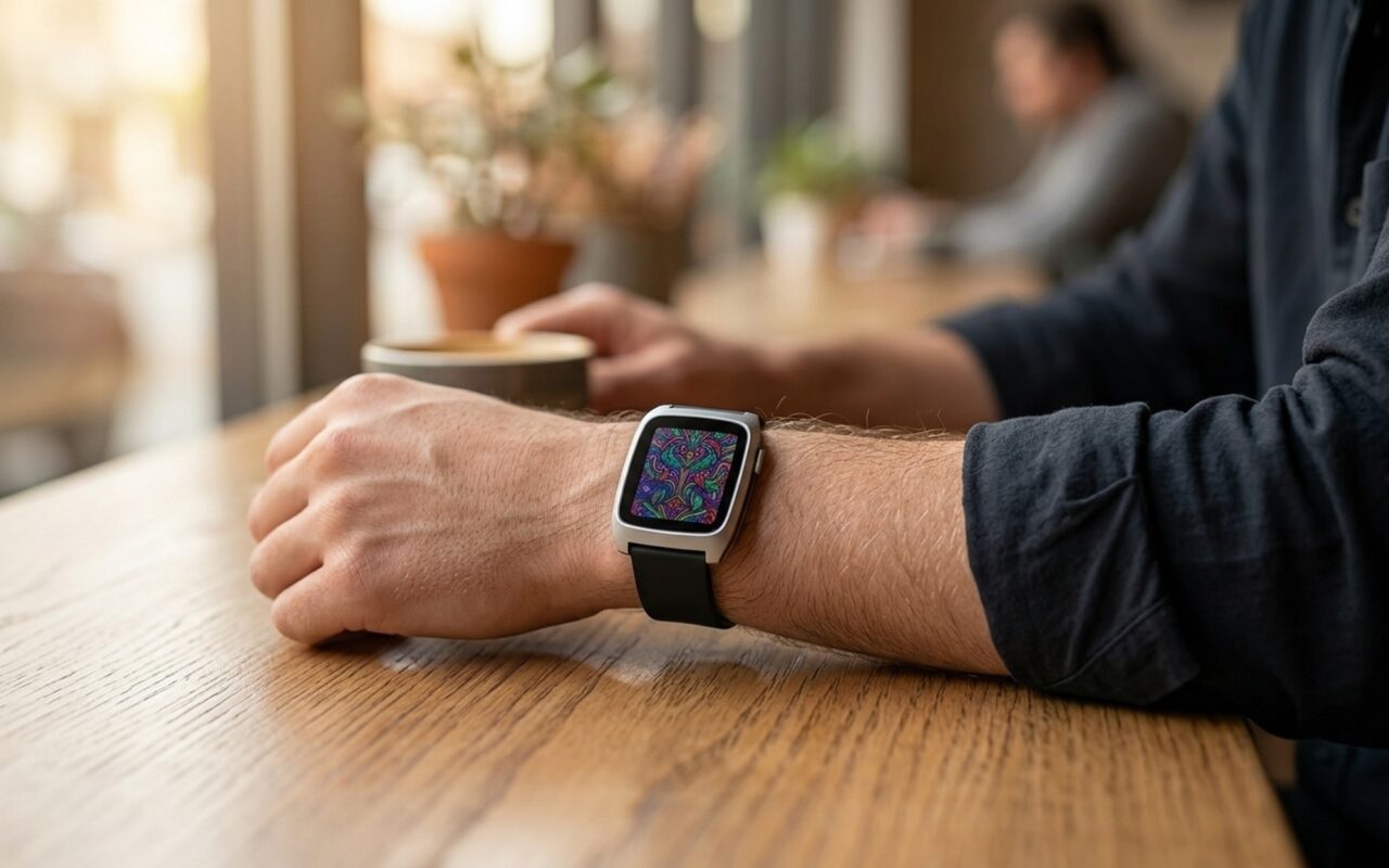 Person wearing the Pebble Time 2 smartwatch with color e-paper display showing watch face at a cafe