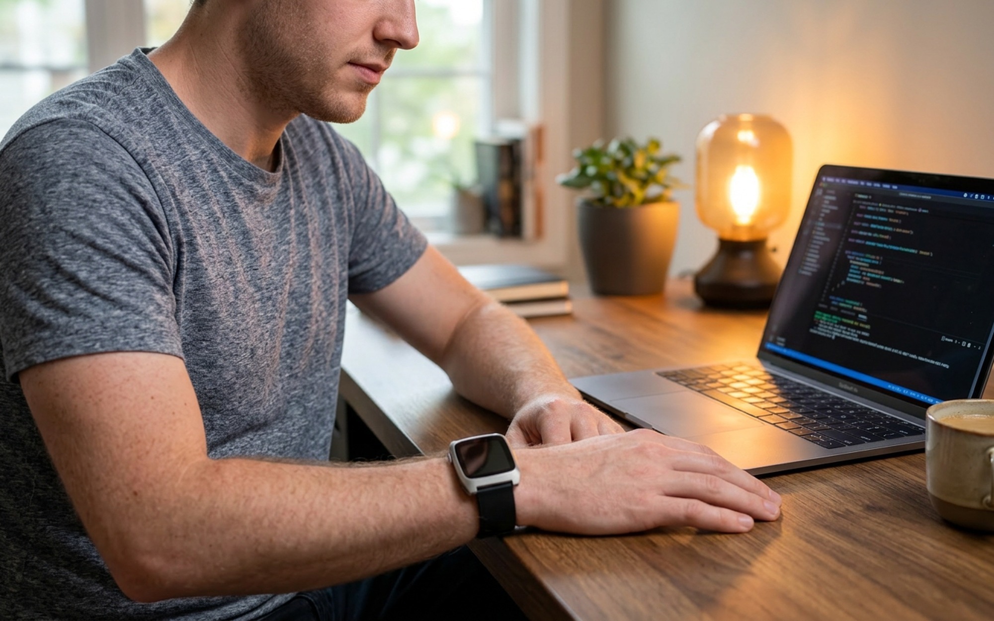 Pebble Time 2 on desk beside phone showing heart rate and sleep tracking data on the color e-paper screen