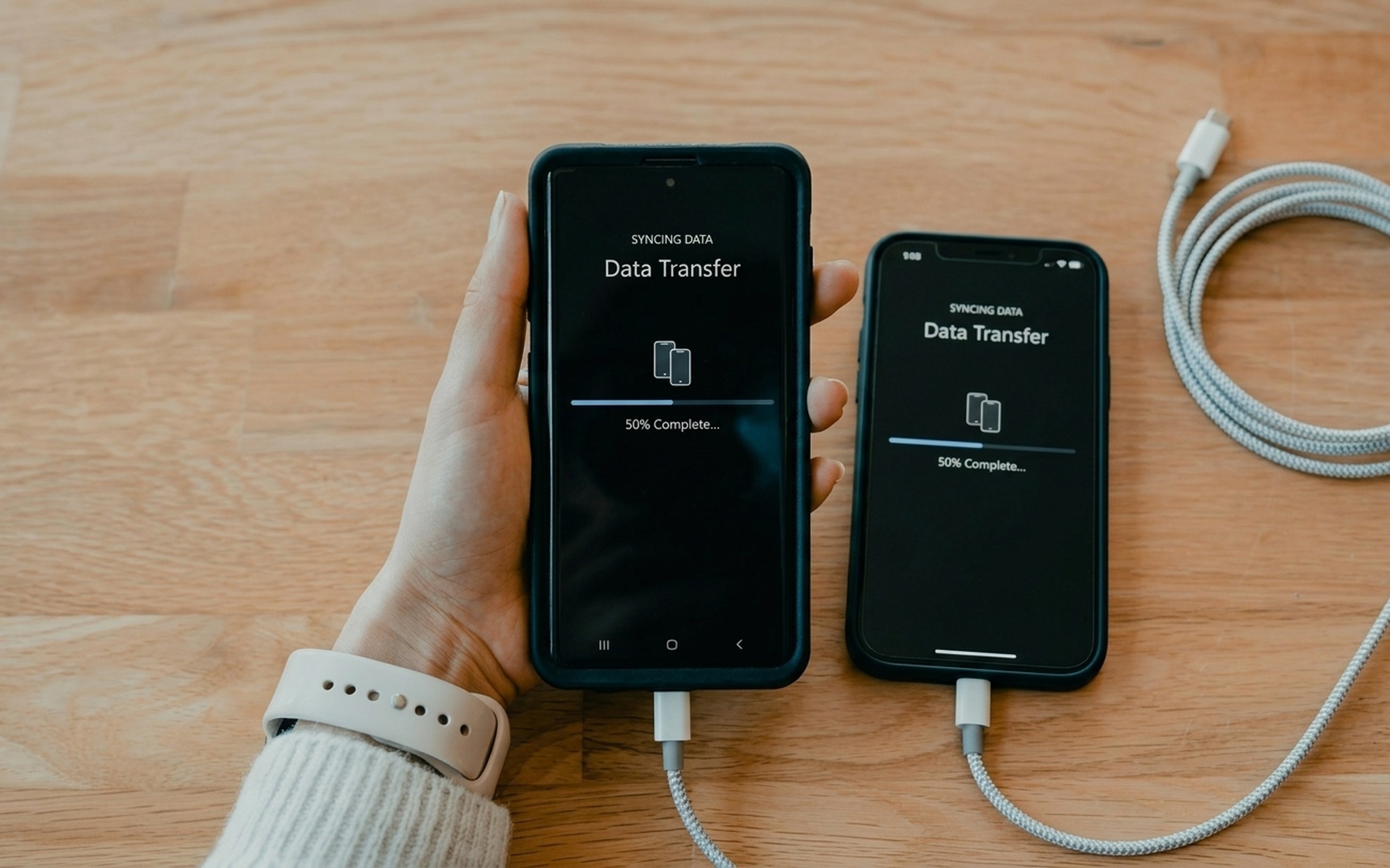 Person connecting two smartphones to a laptop with USB cables to perform cross-platform phone data transfer
