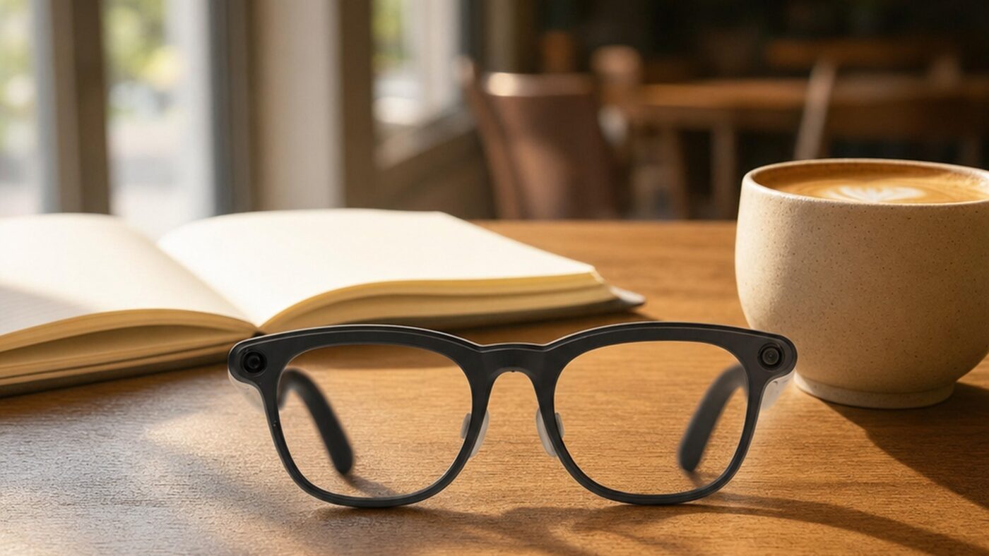 RayNeo V4 AI camera glasses in matte black resting on a cafe table next to a notebook and a coffee cup in soft daylight
