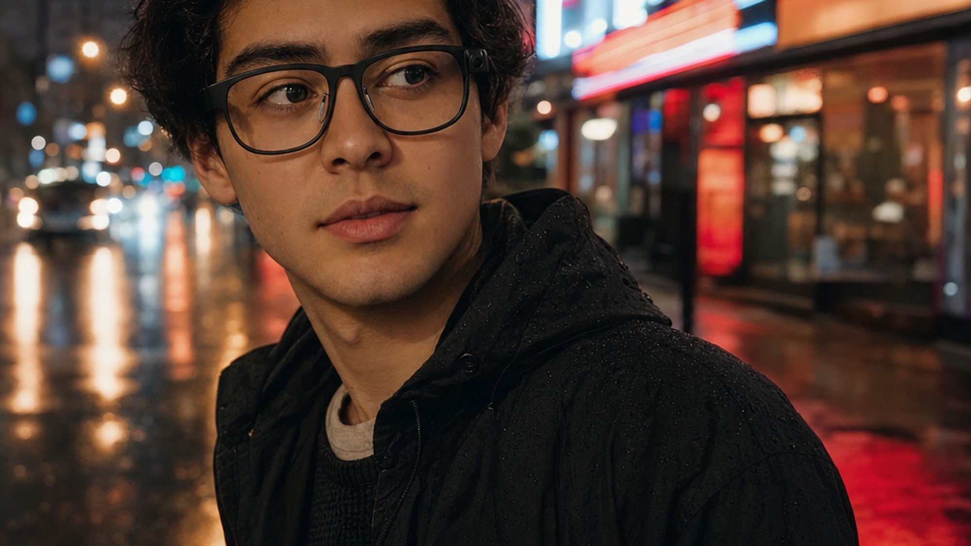 Person wearing RayNeo V4 AI glasses on a rain slicked night street with neon signs reflected on wet pavement showing the IP67 outdoor use case