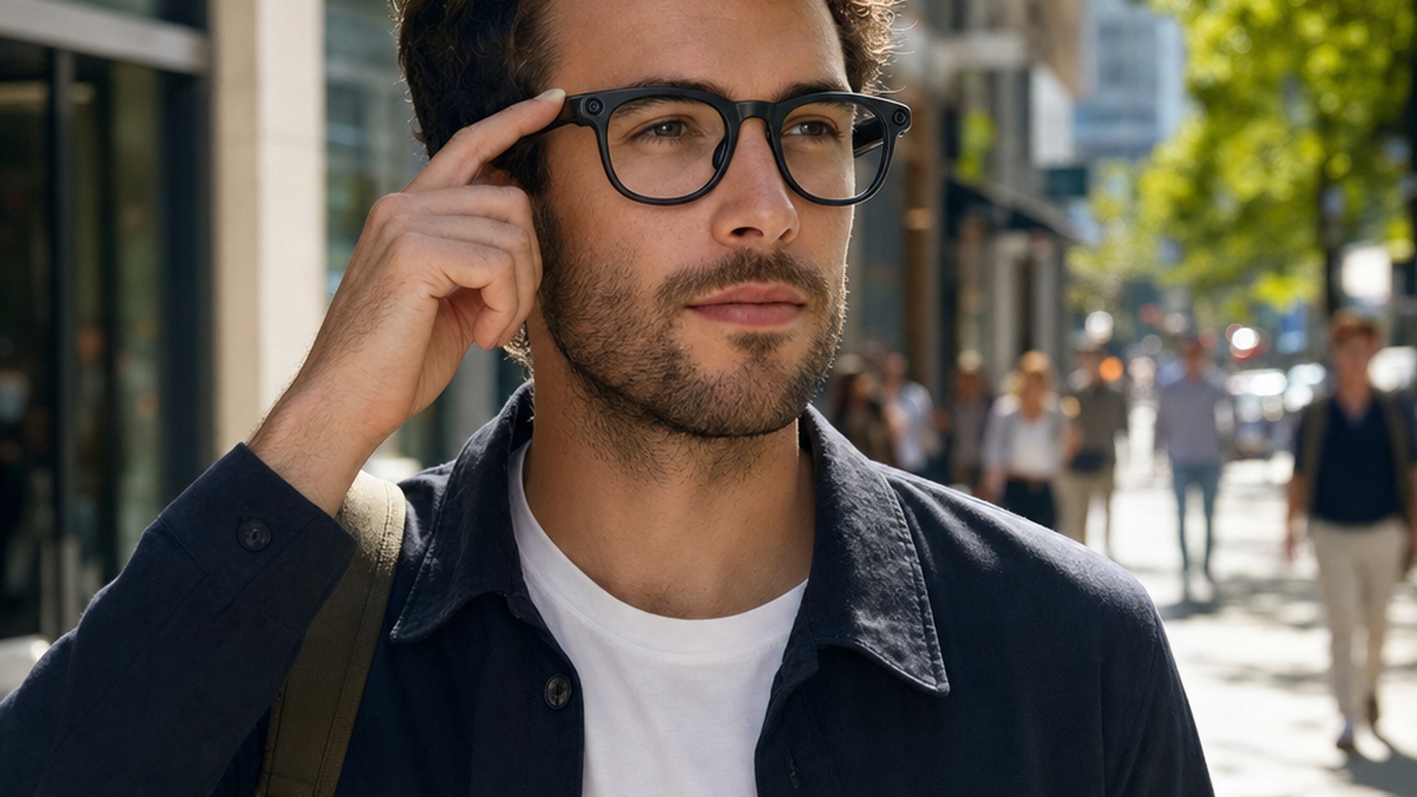 Person wearing RayNeo V4 smart glasses walking through a sunlit city street with one hand on the temple to trigger a recording