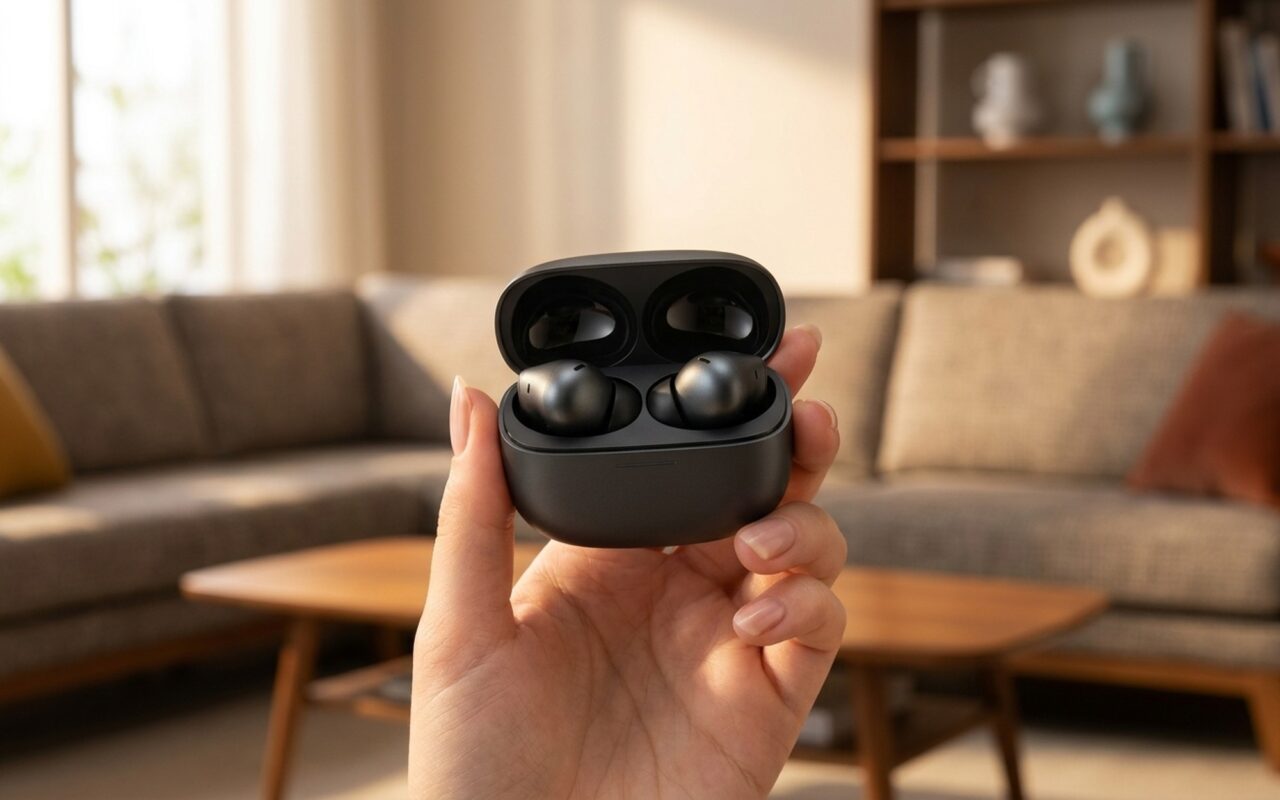 Redmi Buds 8 Pro wireless earbuds held up showing the ear cup design and case detail in a product hero shot