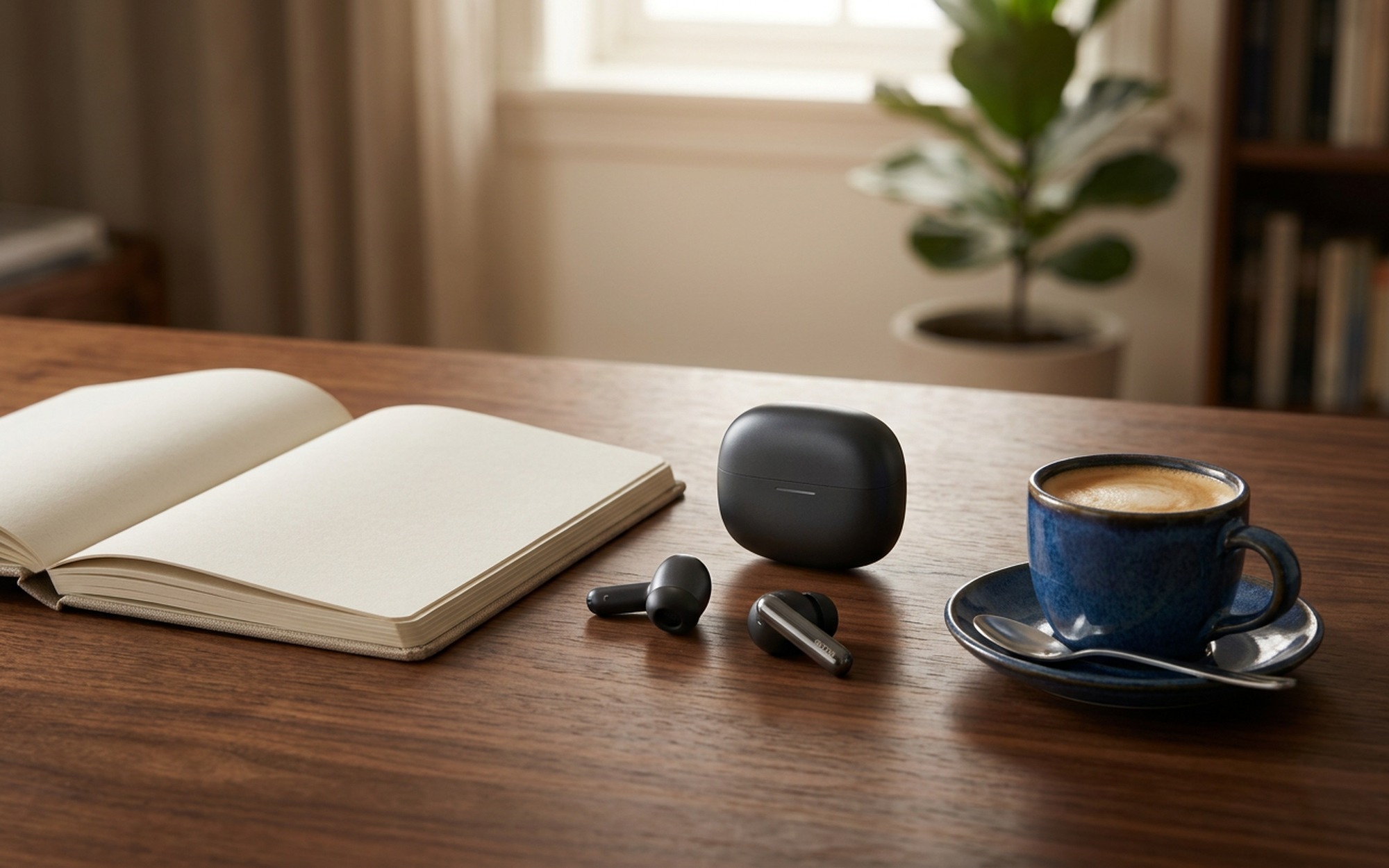 Close-up hands adjusting Redmi Buds 8 Pro earbud fit on wooden desk beside open laptop and coffee mug
