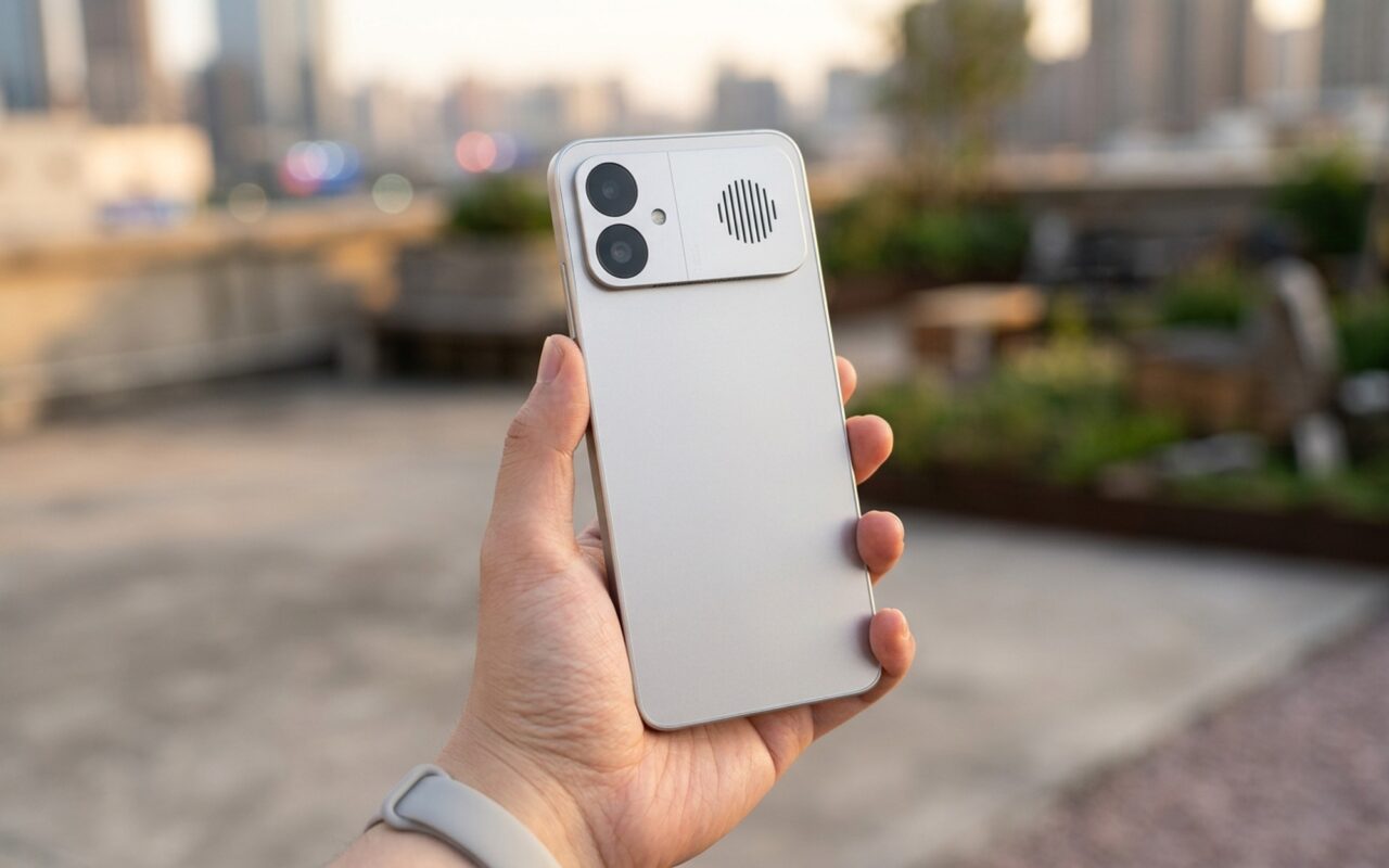REDMI K90 Max gaming phone held outdoors showing dual camera module and active cooling fan vent on rear panel