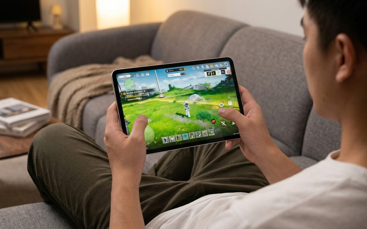 Young man sitting on a sofa gaming on Redmi KPad 2 Android tablet in landscape mode with open-world RPG on the 165Hz display