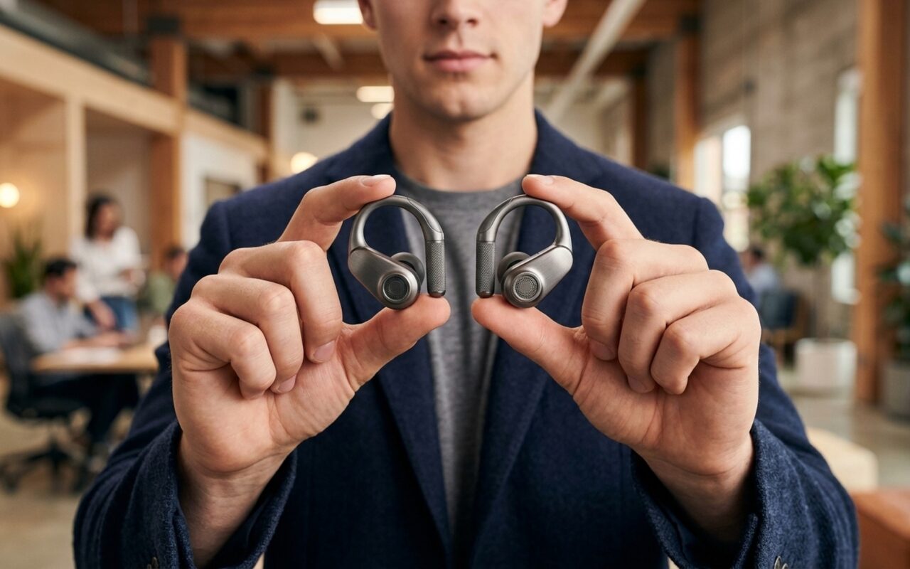 Sony LinkBuds Clip review featuring open-ear clip-on earbuds held toward camera showing C-bridge clip design on modern desk