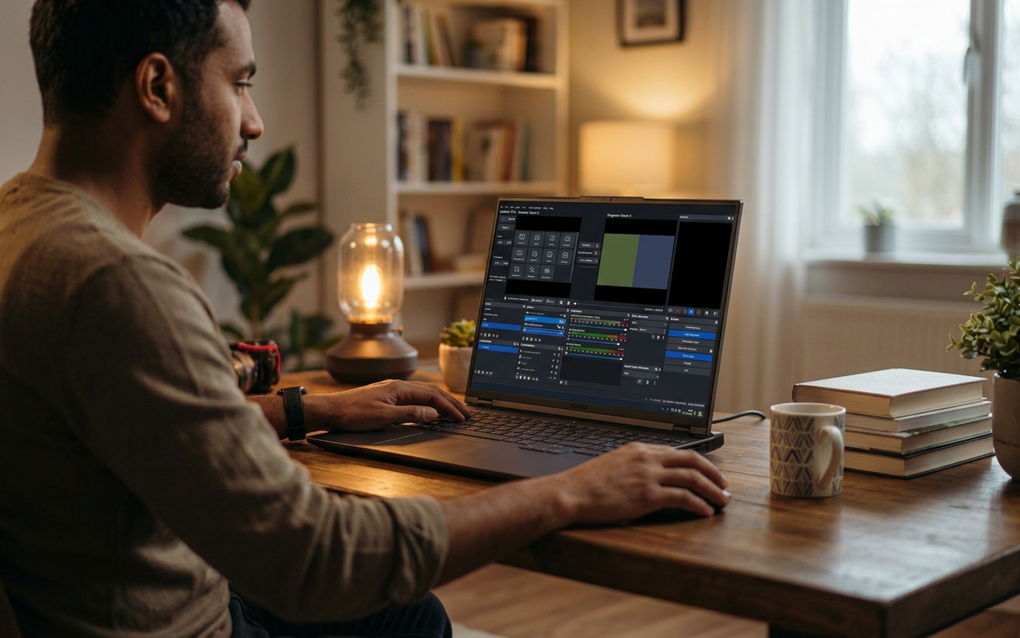 Close-up of OBS Studio recording interface on a desktop monitor capturing a live streaming video session