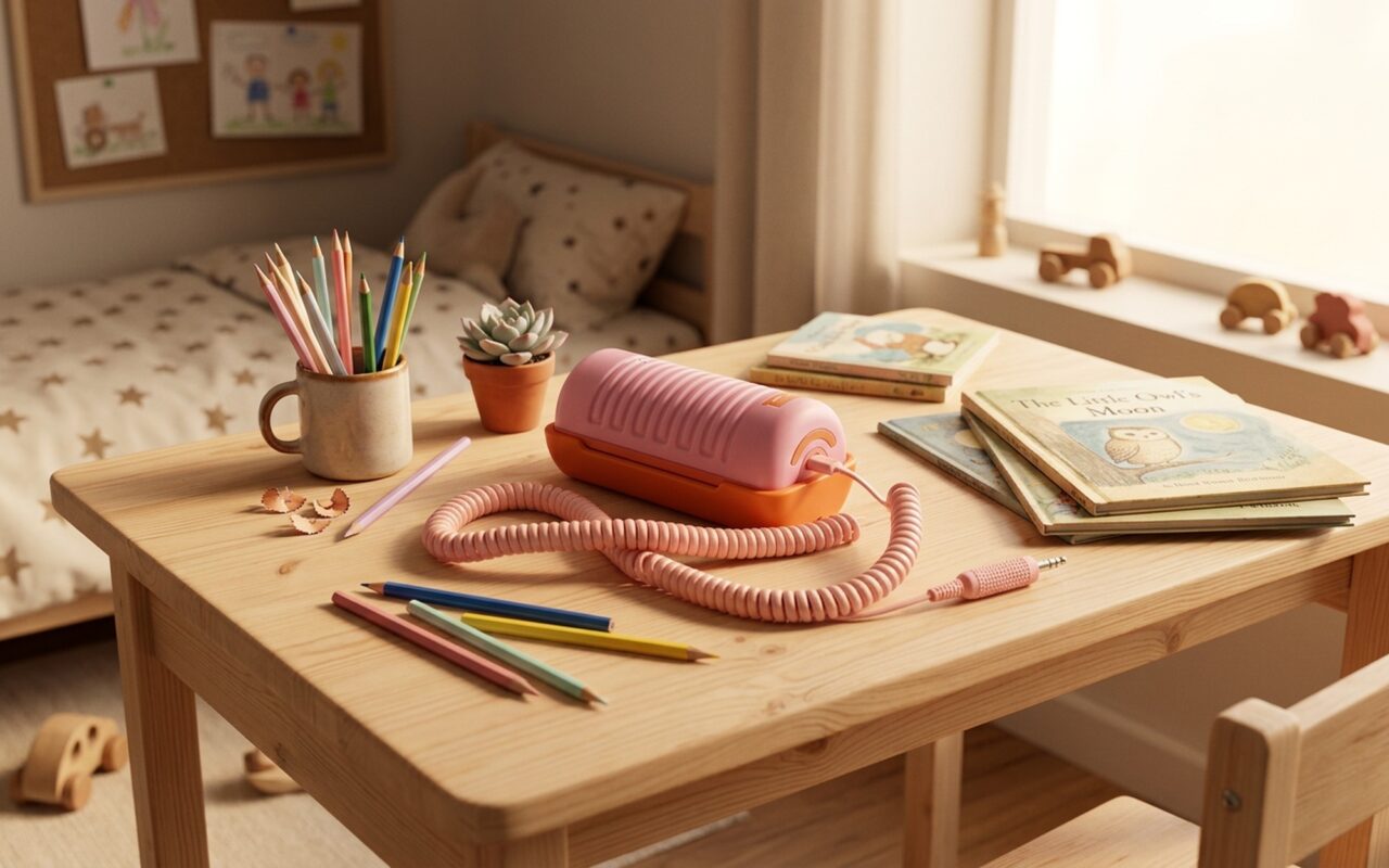 Tin Can screen-free phone for kids — retro pink corded handset on a wooden desk in a cozy child's bedroom