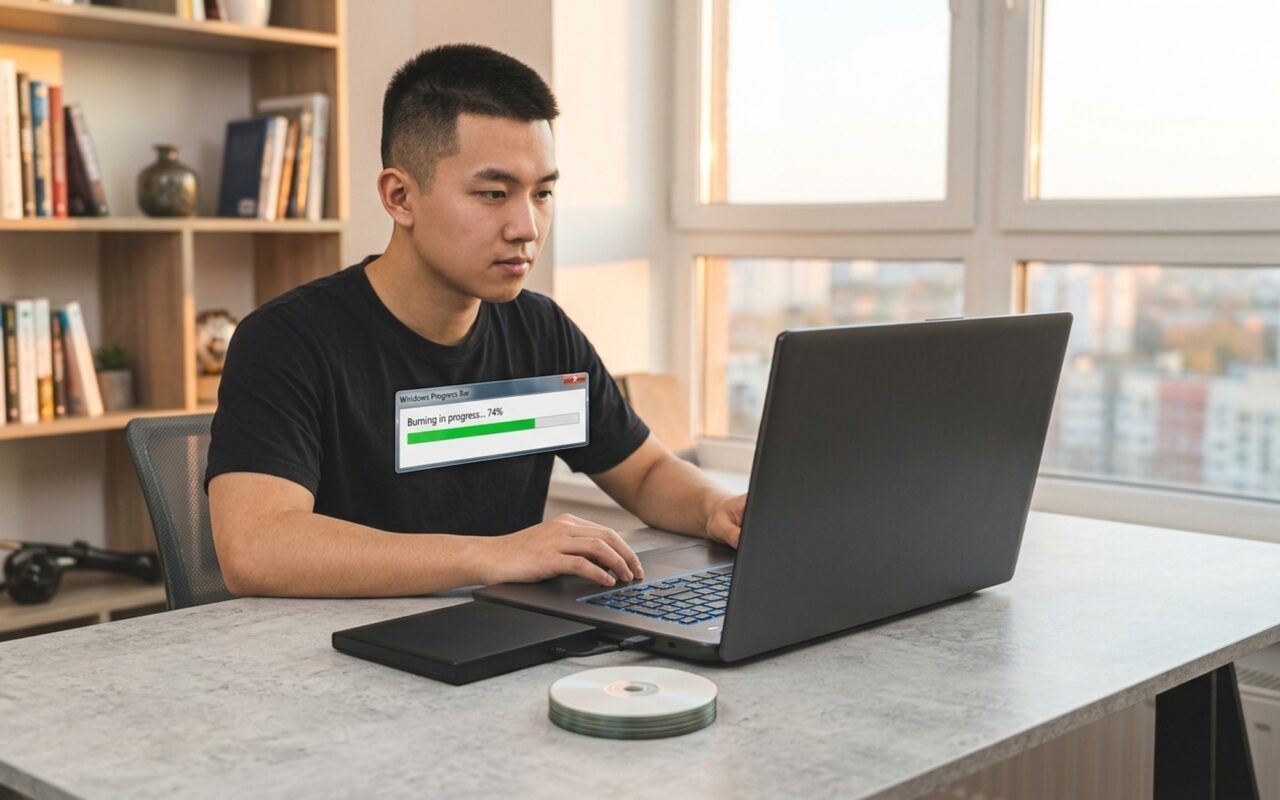 Person using free DVD burning software on a Windows 10 laptop beside a stack of blank DVD discs on a wooden desk