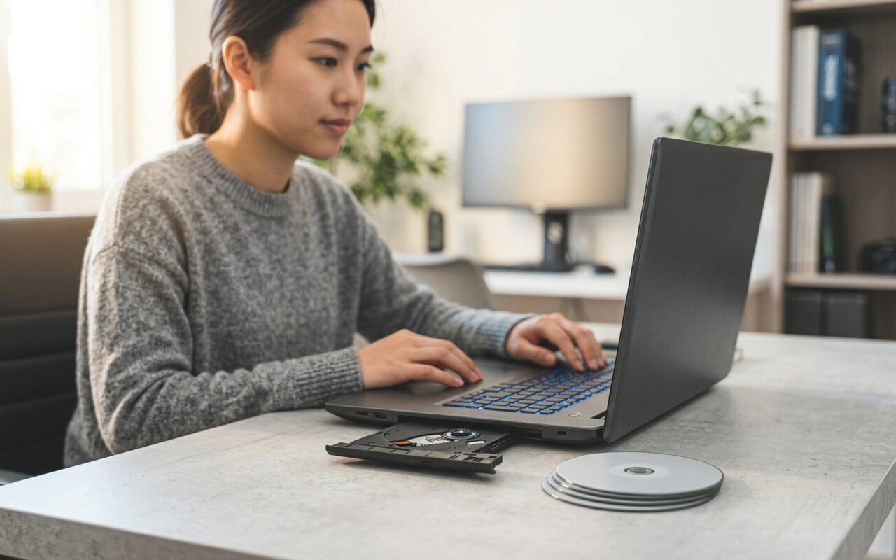 Person using free DVD burning software on a Windows 11 laptop beside a stack of blank DVD and Blu-ray discs on a desk