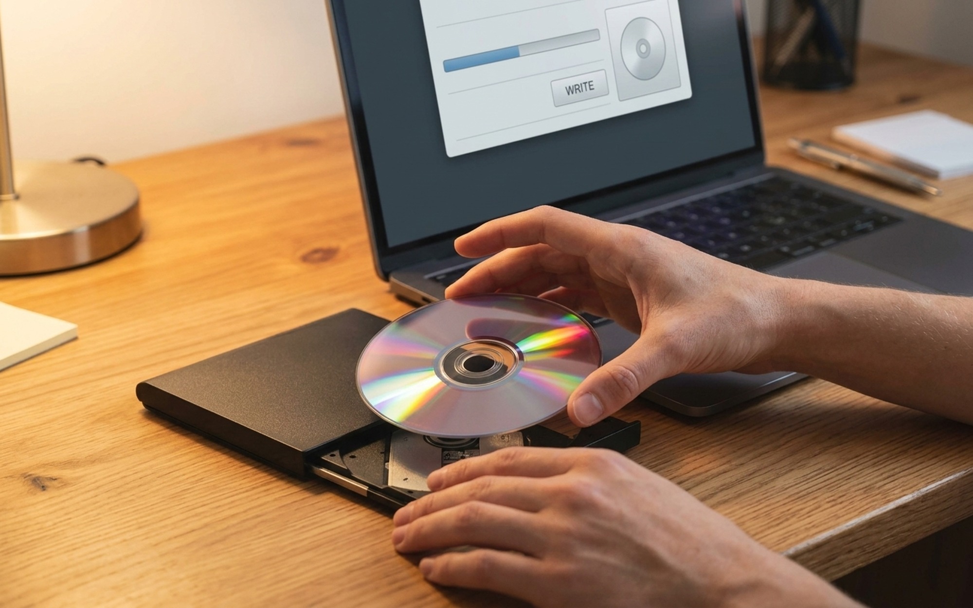 Person at a home office desk inserting a blank DVD into an external USB optical drive connected to a Windows laptop