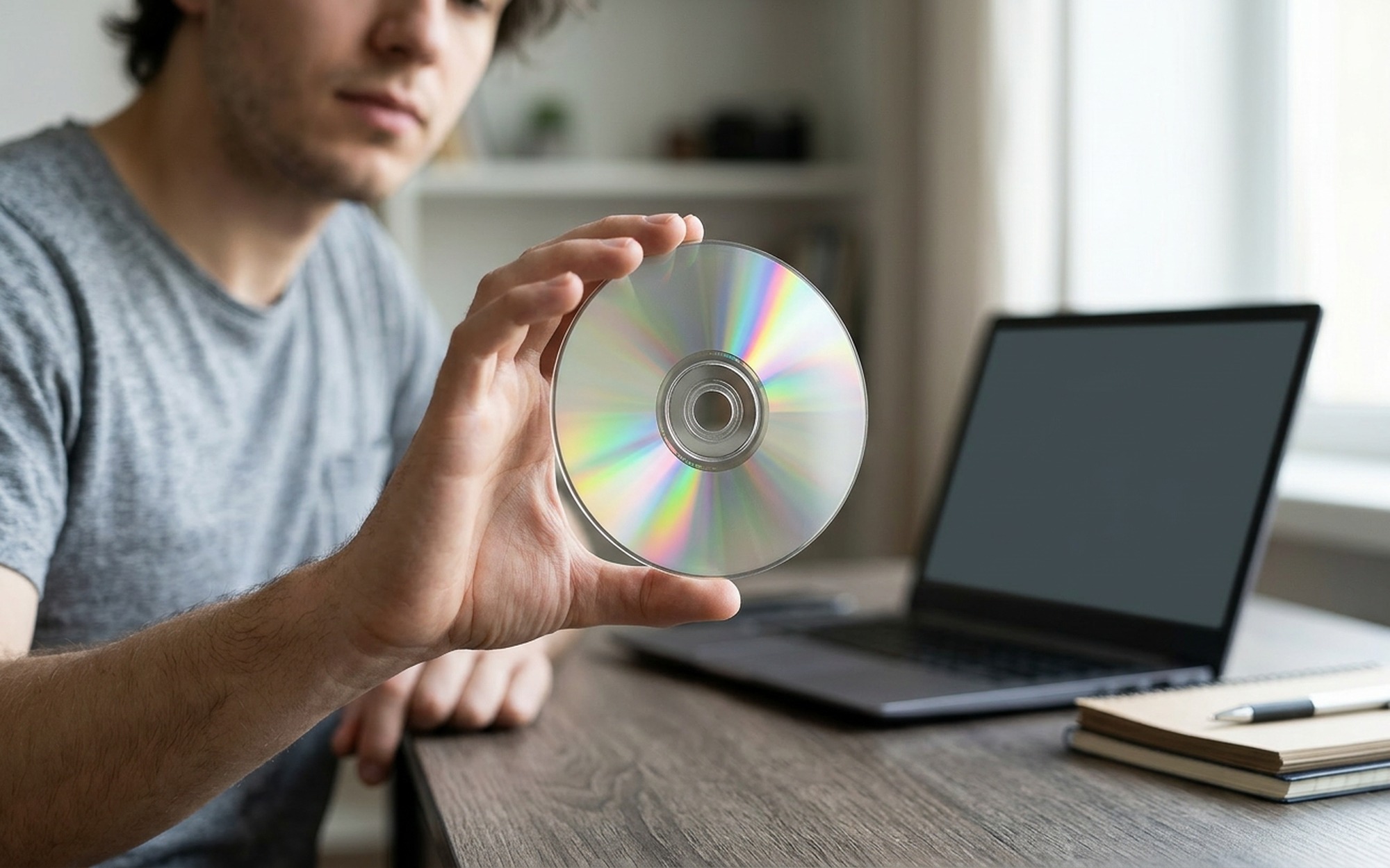 Close-up of hands holding a Blu-ray disc beside a laptop running free disc burning software on Windows 11