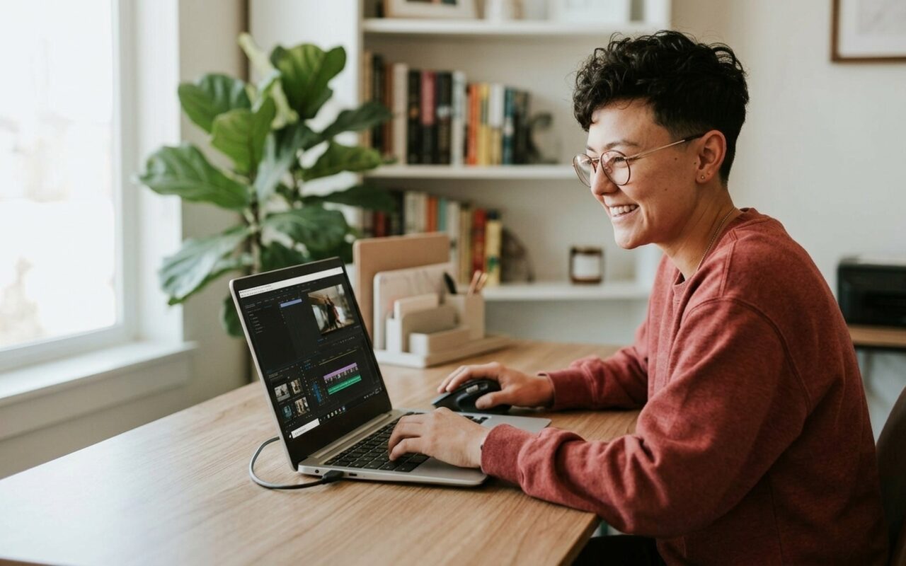 Young woman editing a video on a laptop browser using a free online video editor, warm home office setting, shallow depth of field, no logos