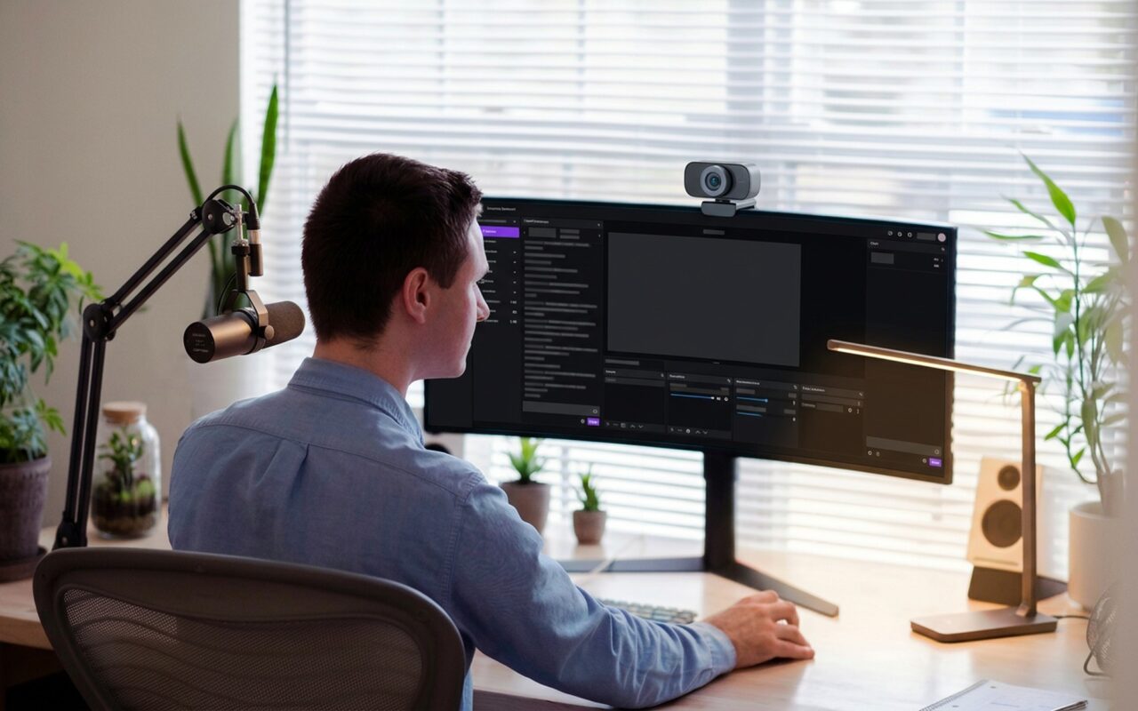 Man at a home studio desk with dual monitors running free video broadcasting software streaming to Twitch and YouTube