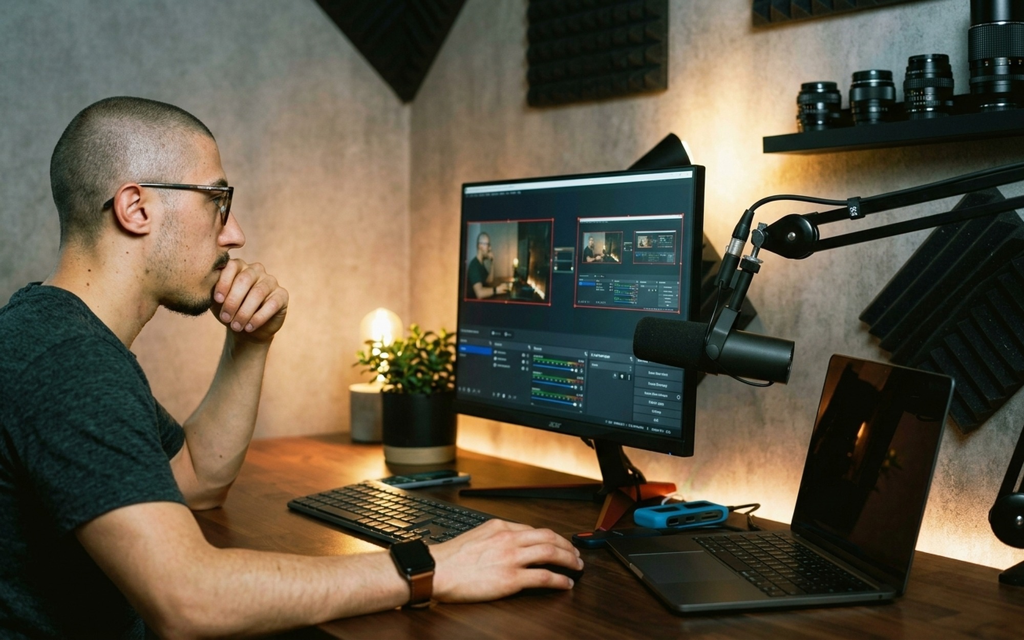 Person setting up free live streaming software on PC with webcam and microphone for a Twitch broadcast