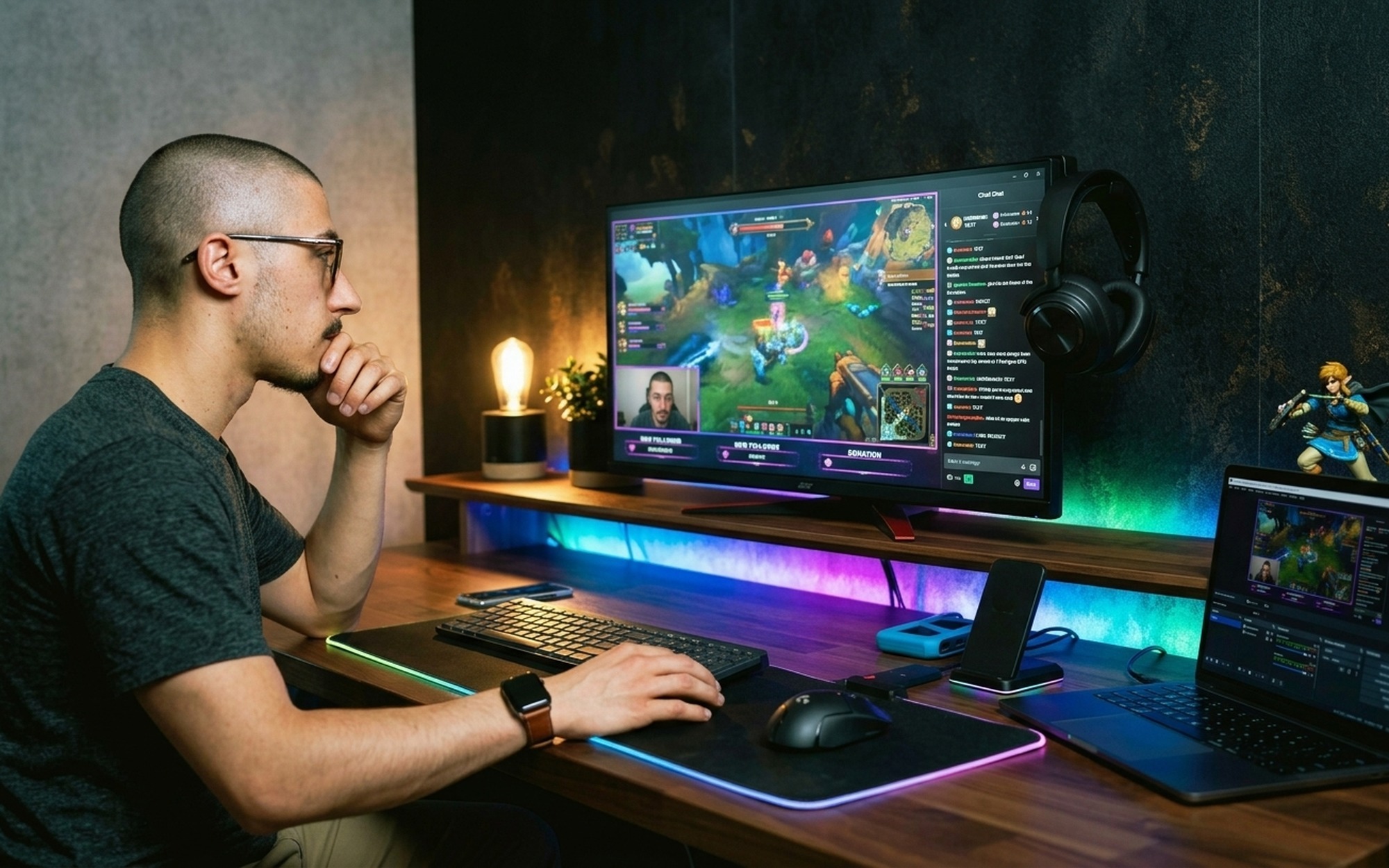 Content creator adjusting a multi-scene layout in broadcasting software on a gaming PC home office setup