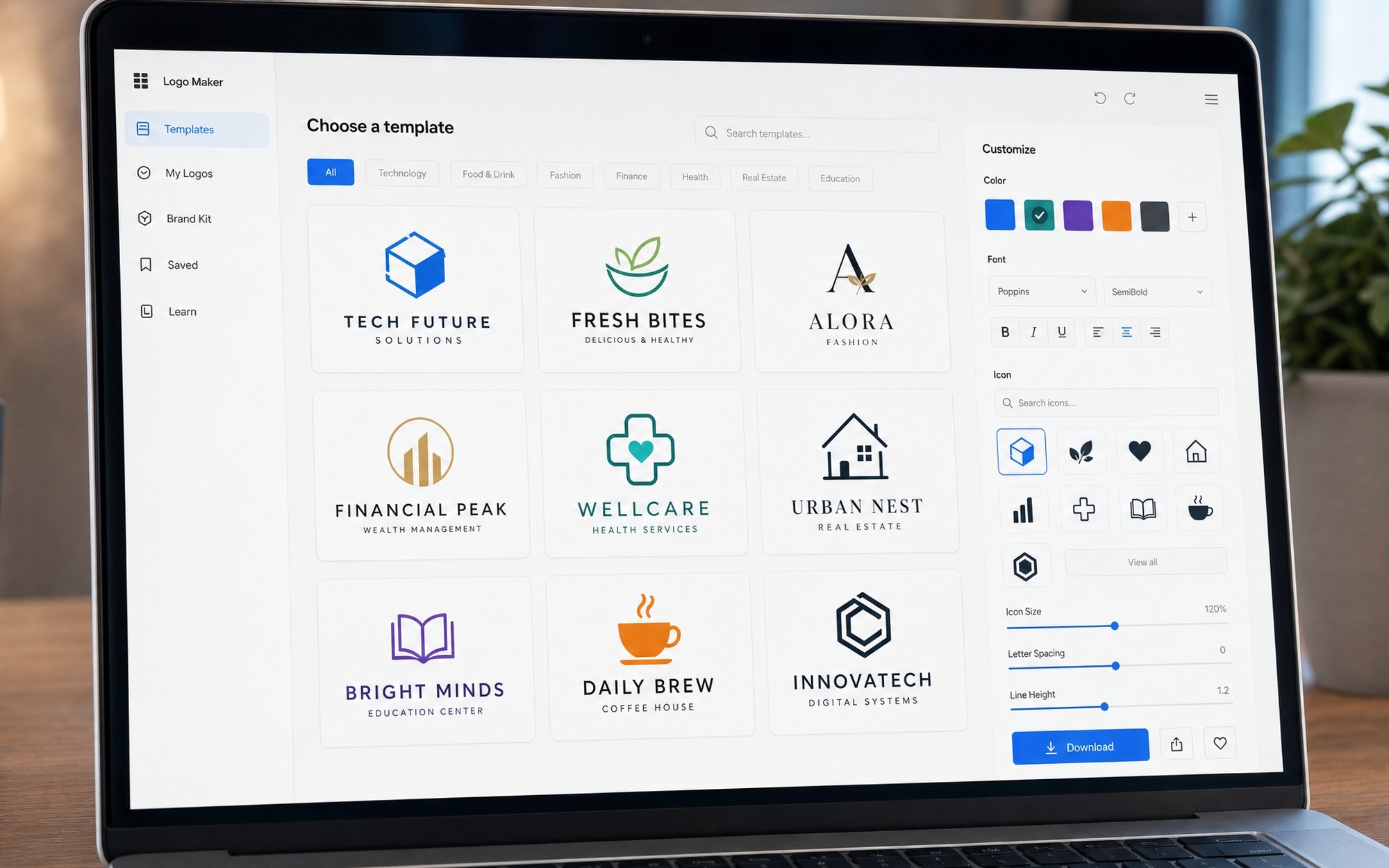 DesignEvo free online logo maker interface showing 10000 plus industry templates and customization tools