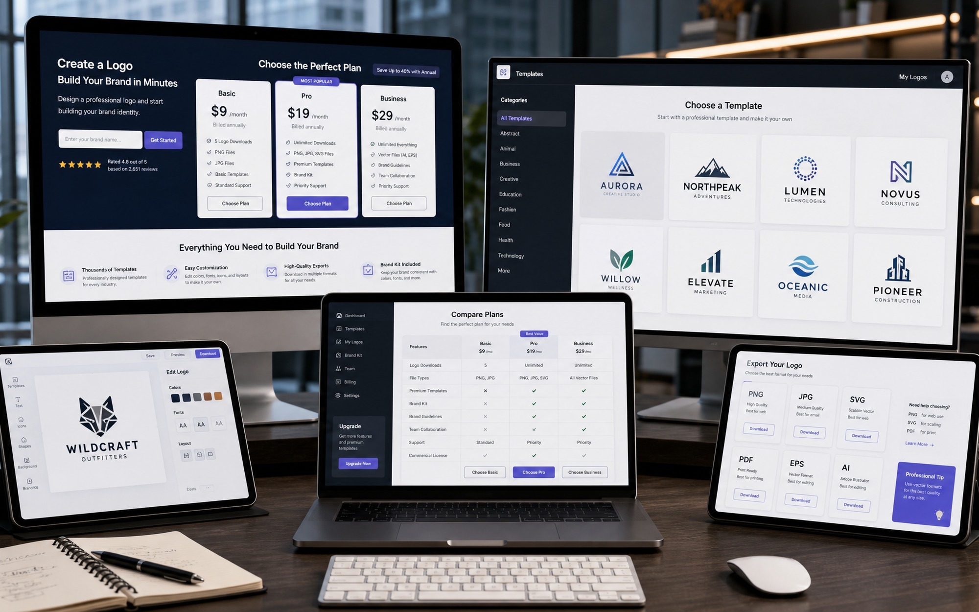 Side by side comparison table of five best online logo makers with pricing templates and download options for 2026
