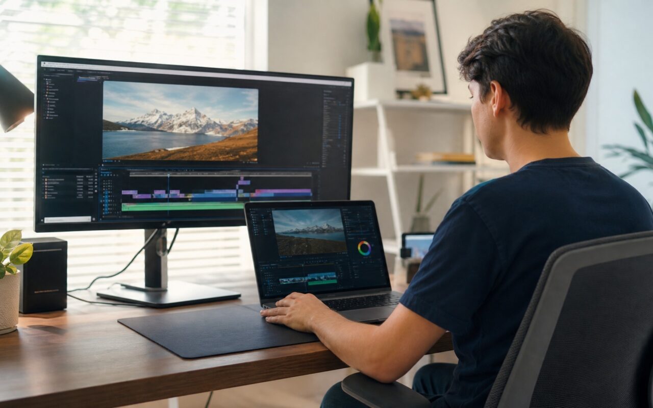 video editing tips for beginners 2026 tutorial -- person editing video timeline on laptop in home office setup with external monitor
