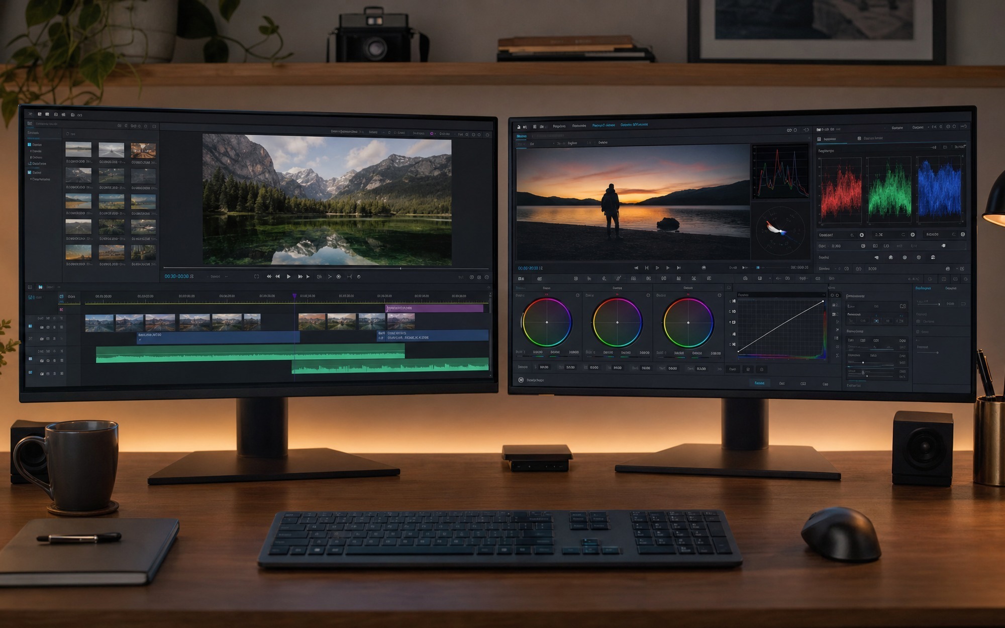 best free video editing software comparison 2026 -- dual monitors showing DaVinci Resolve and CapCut timelines side by side on a desk