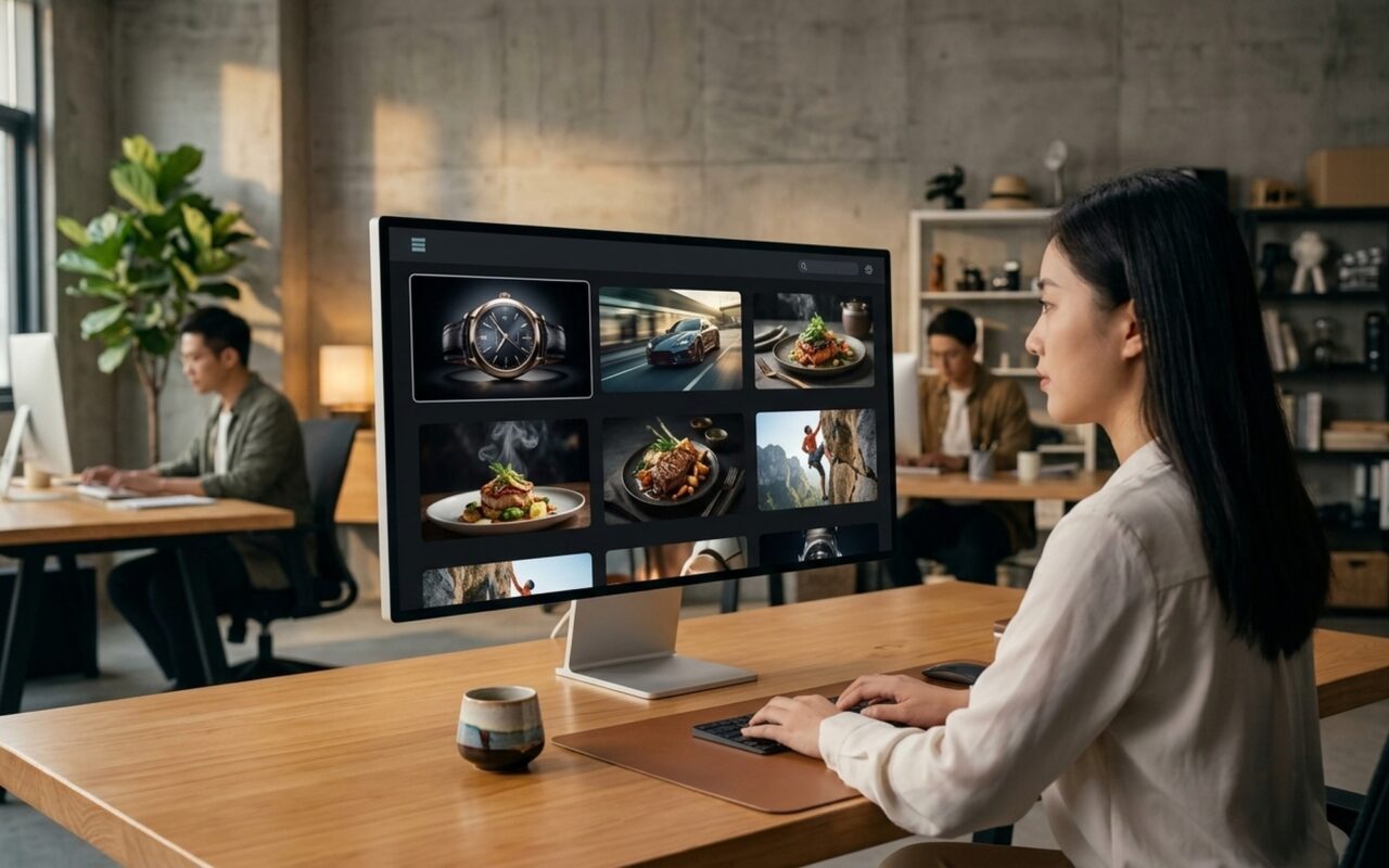 Marketing professional reviewing AI-generated commercial video thumbnails on monitor using Vidu Claw AI advertising platform