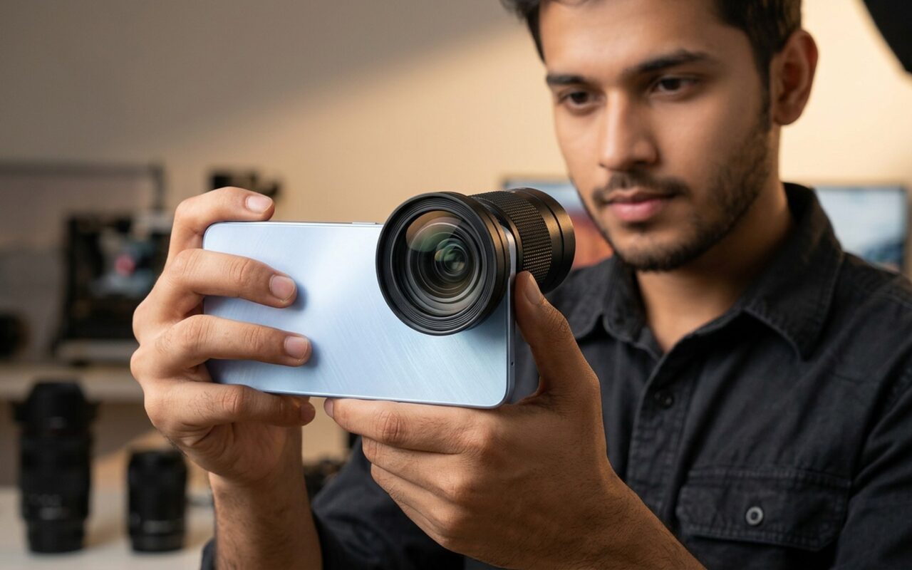 Vivo X300 Ultra smartphone with 400mm Zeiss teleconverter lens attachment and SmallRig camera cage for professional filmmaking