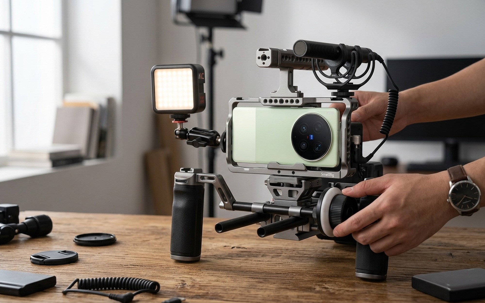 Close-up of Vivo X300 Ultra 200MP main camera sensor and Zeiss teleconverter lens showing gimbal stabilization system