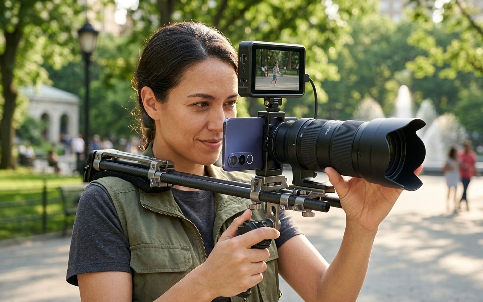 Vivo X300 Ultra filming outdoor scene with SmallRig cage, external microphone and cooling fan attached for professional video production