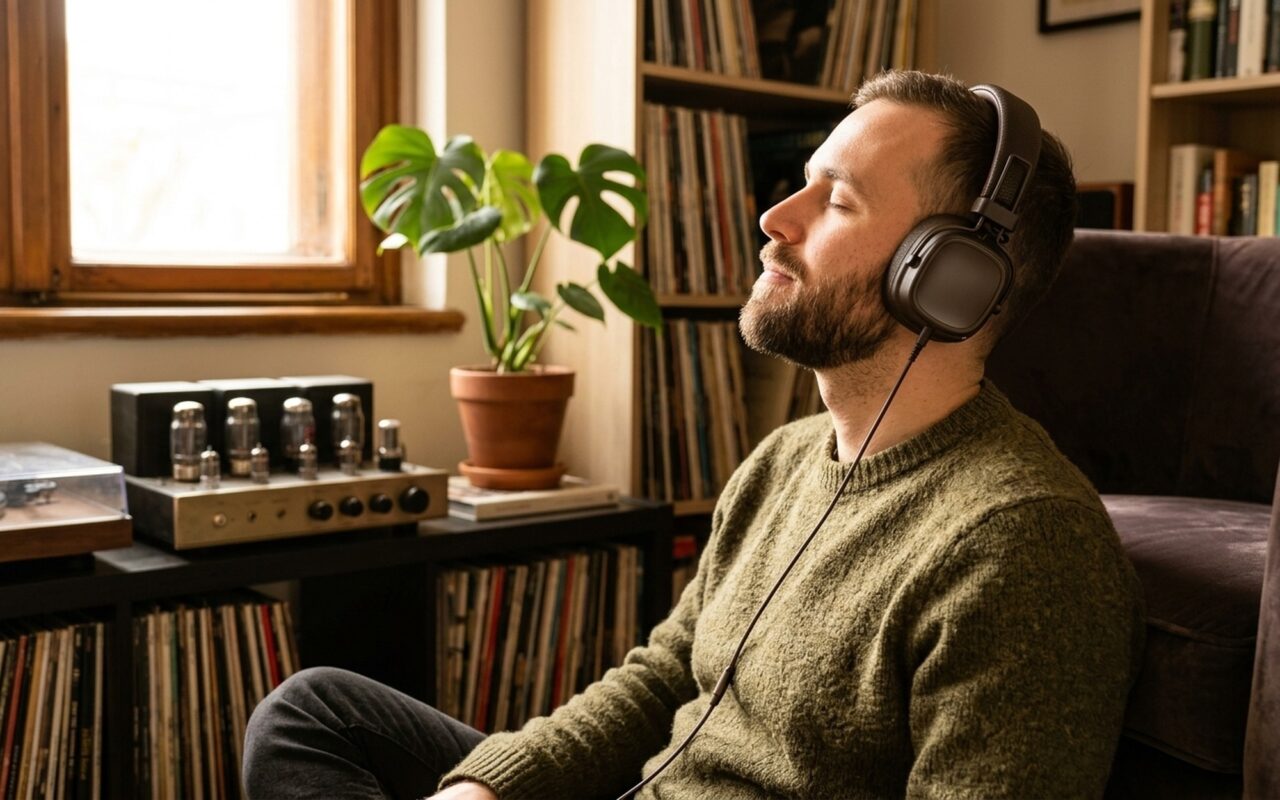 Person wearing open-back headphones in a home listening setup, demonstrating wide headphone soundstage and immersive audio experience