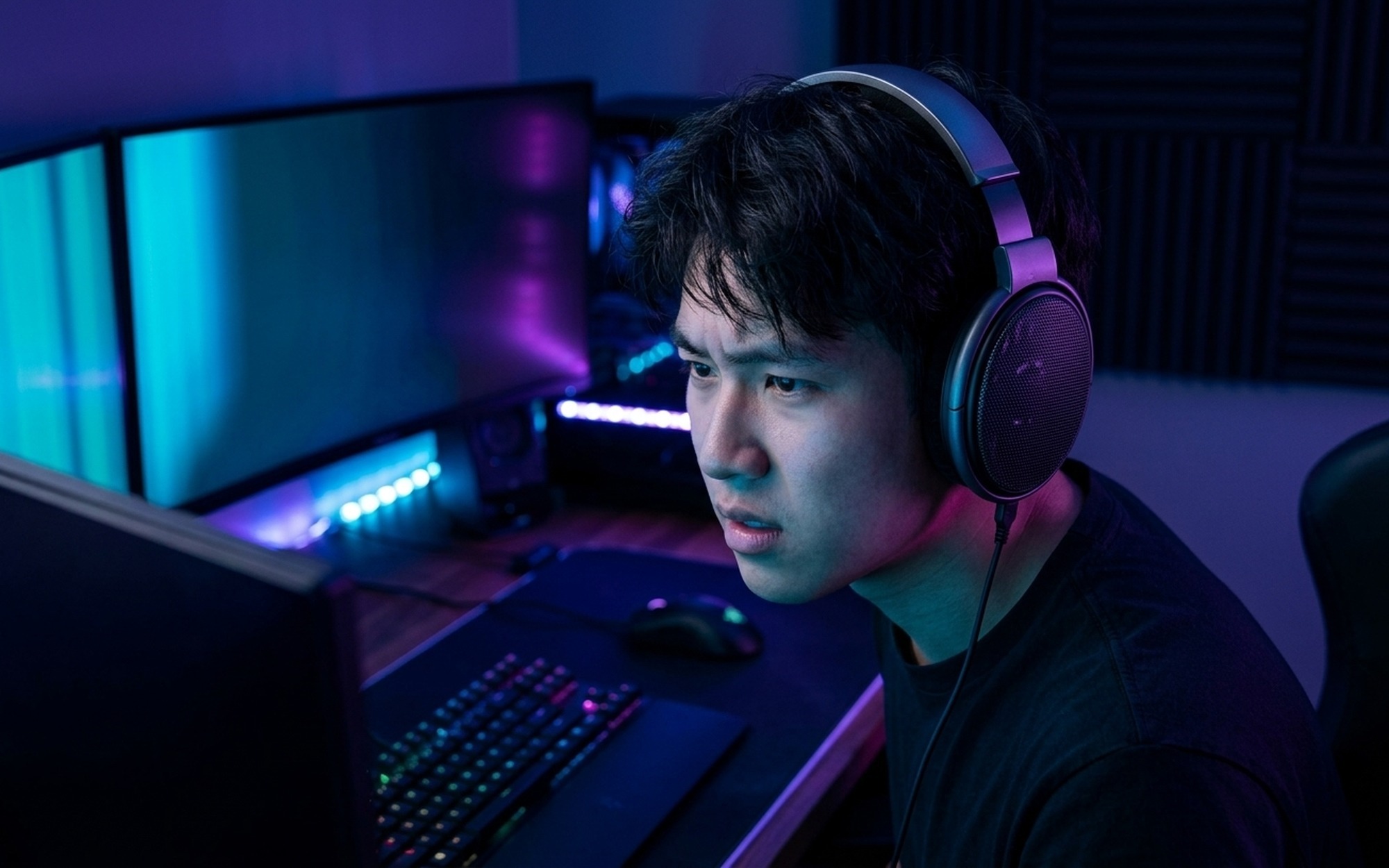 Gamer wearing open-back headphones in a dark room with RGB lighting, experiencing wide soundstage for competitive gaming and positional audio