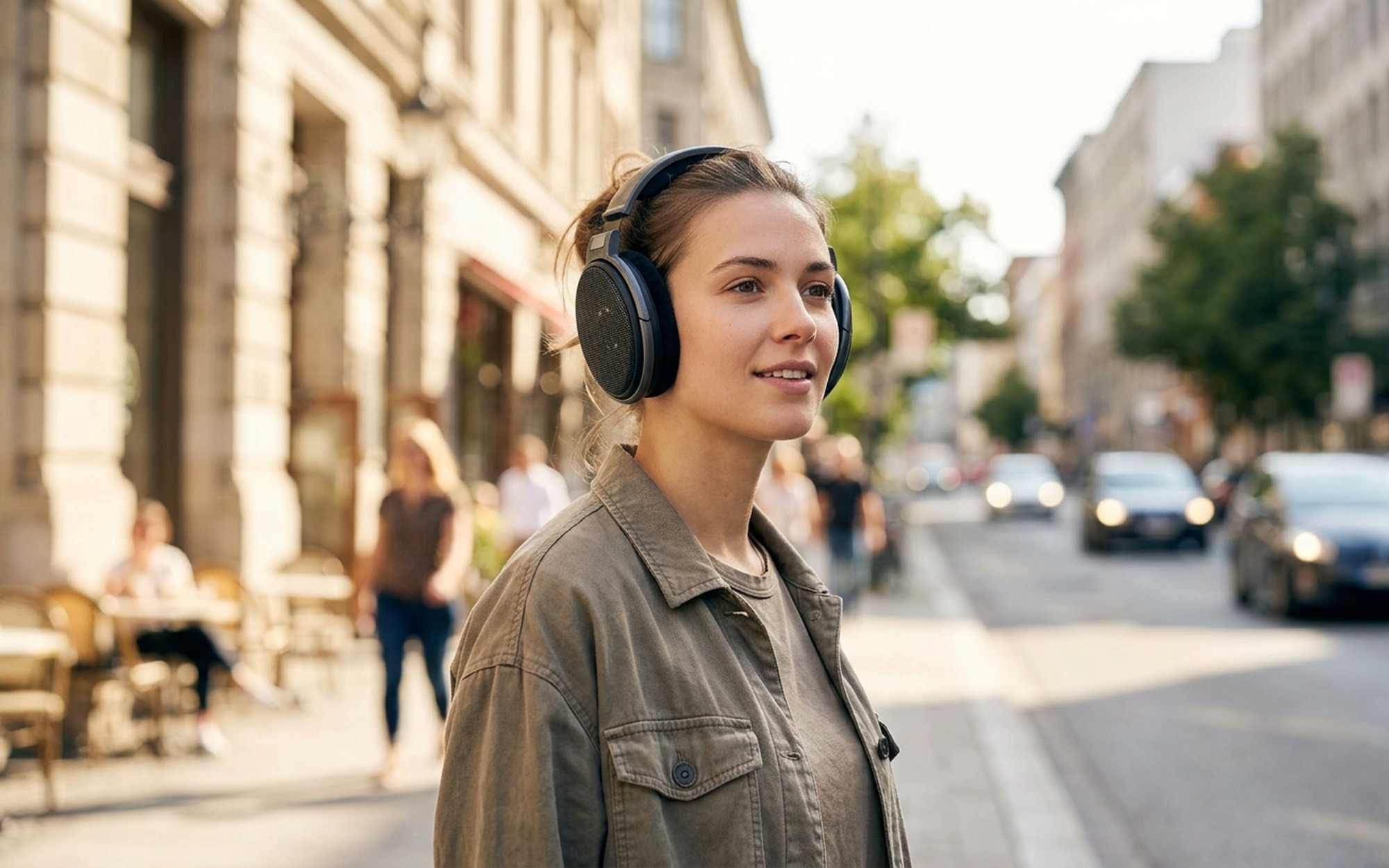 Person outdoors wearing audiophile open-back headphones on a city street, testing headphone soundstage in real-world portable listening scenario