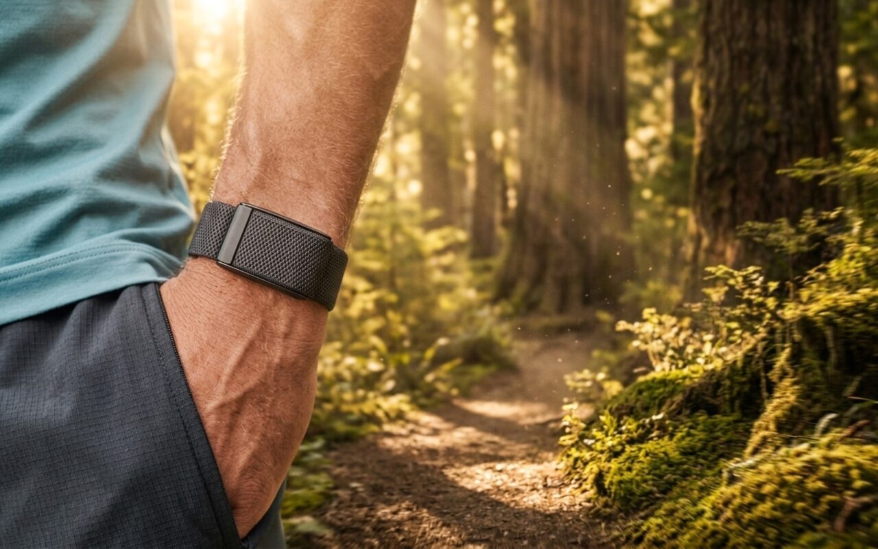 Person wearing a sleek WHOOP 5.0 screenless fitness tracker band on wrist during an outdoor morning run with soft natural light and an athletic lifestyle backdrop