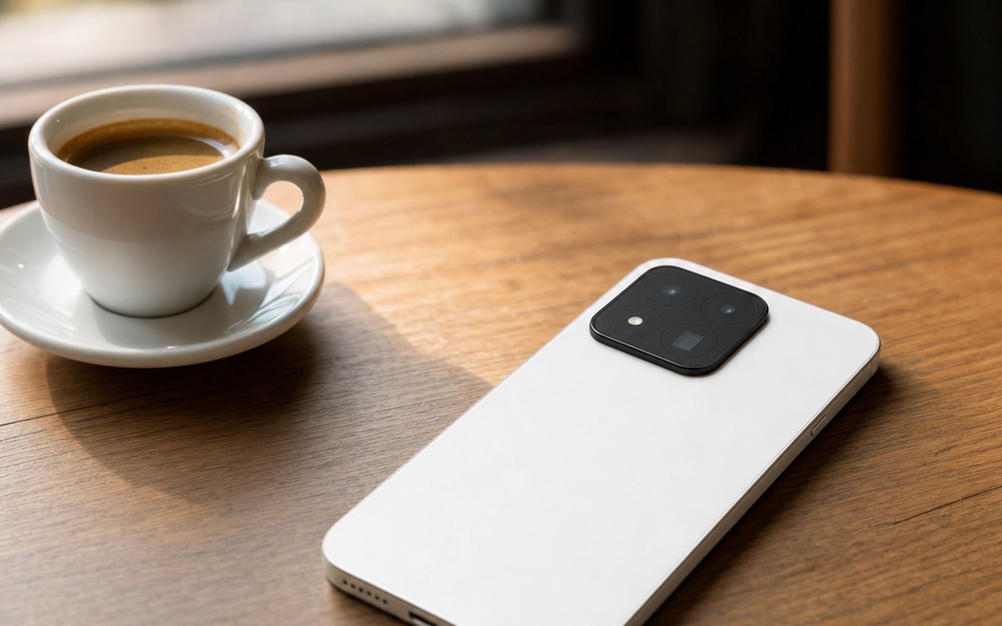 Xiaomi 17 Max with Leica camera module resting on wooden desk beside espresso cup in warm natural light