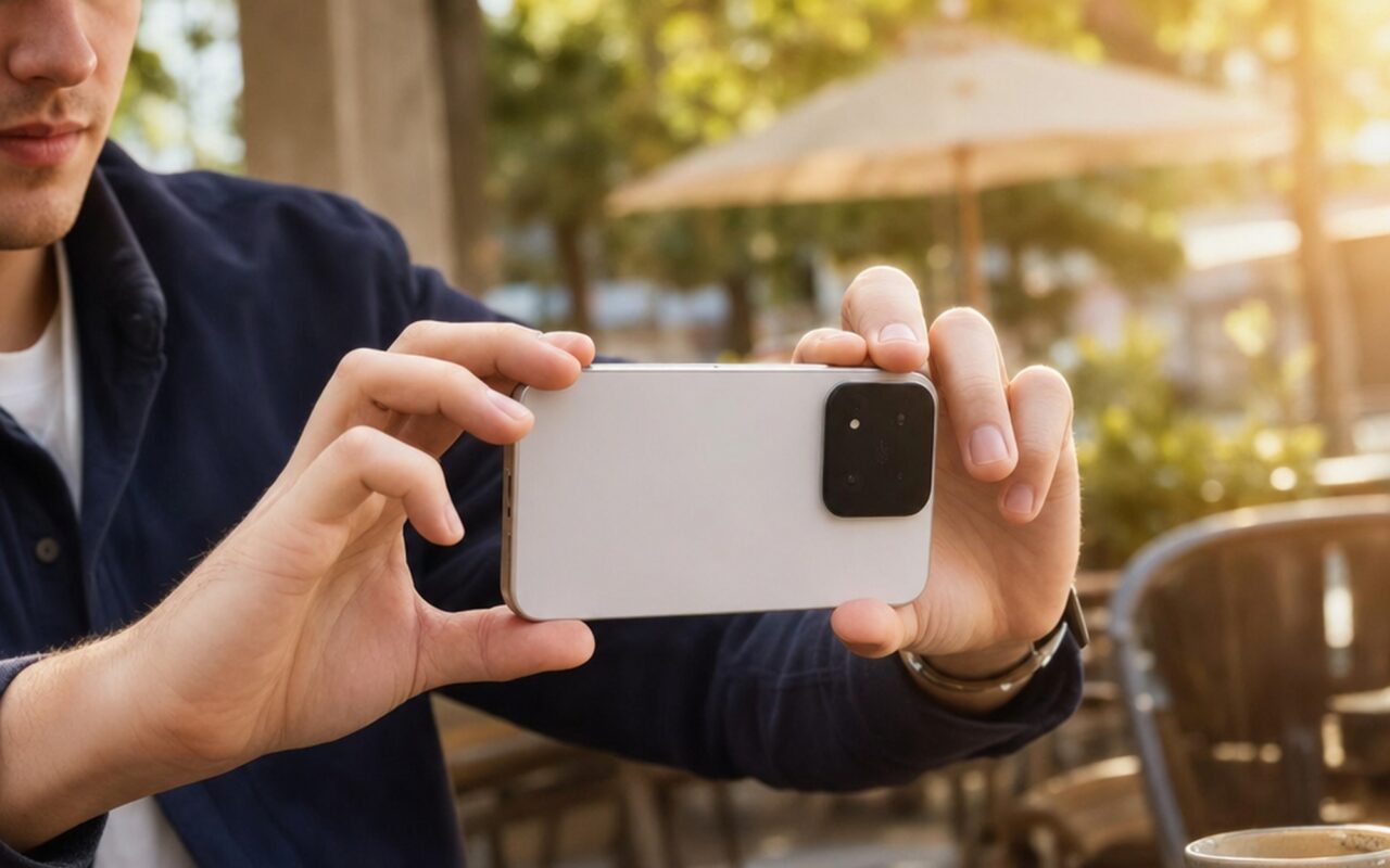 Person holding white Xiaomi 17 Max smartphone from behind at outdoor cafe, showing square black Leica camera module
