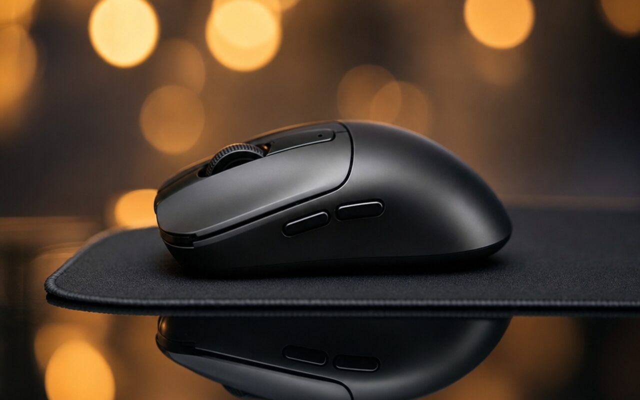 Xiaomi Gaming Mouse 2 wireless gaming mouse with PAW3955XM sensor on gaming desk with RGB keyboard bokeh