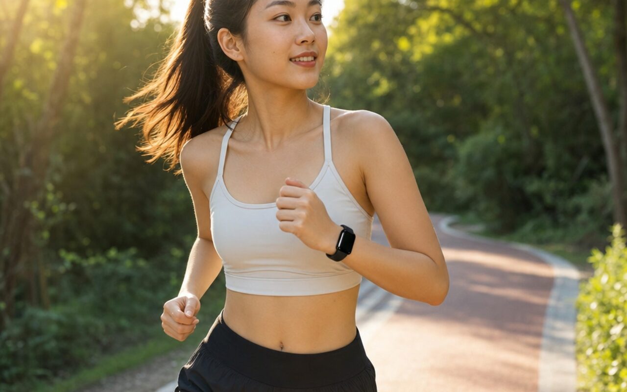 Young woman jogging on sunlit park trail checking Xiaomi Smart Band 10 Pro AMOLED fitness tracker on her wrist