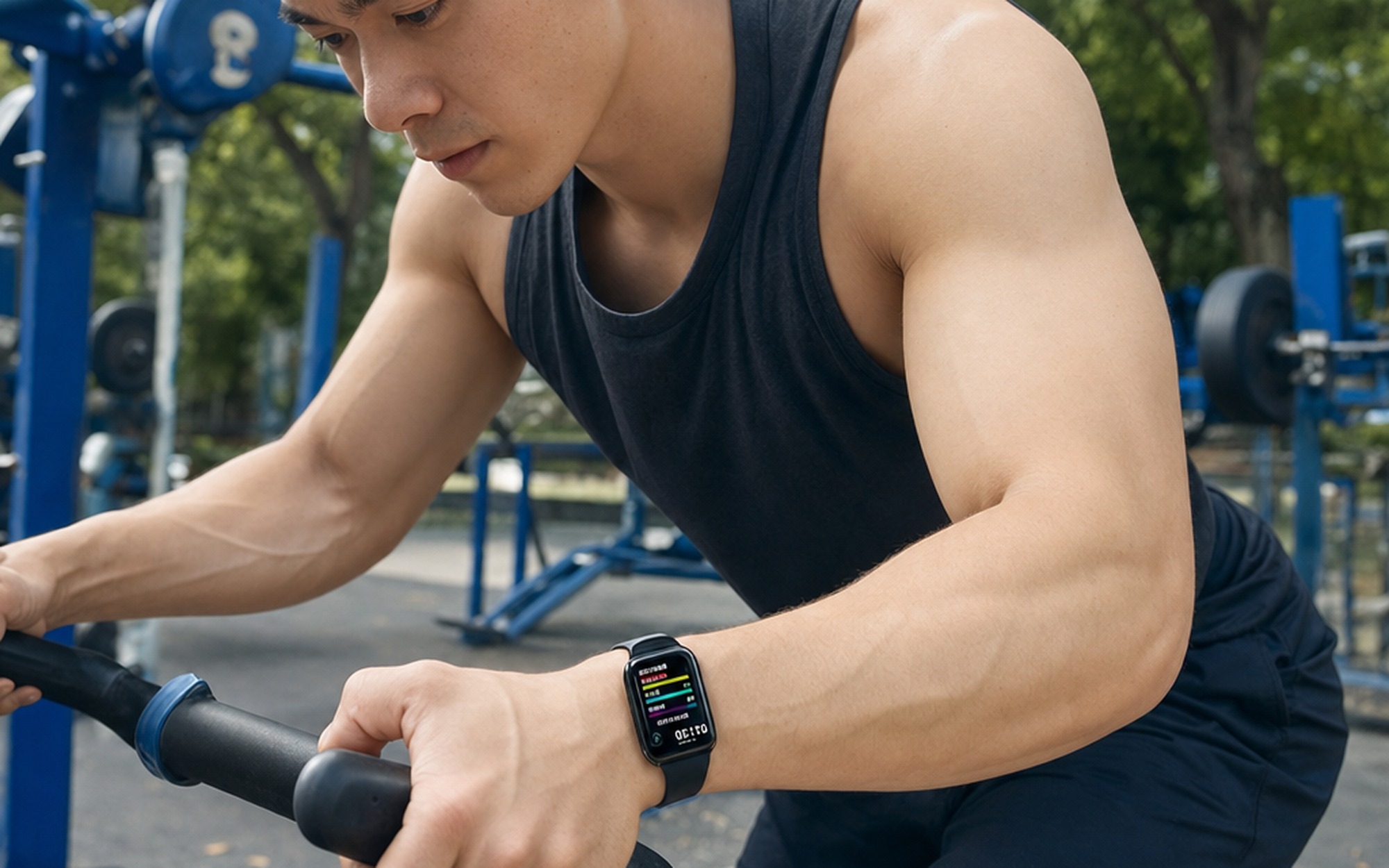 Young man at outdoor gym wearing Xiaomi Smart Band 10 Pro fitness tracker showing heart rate workout data on wrist