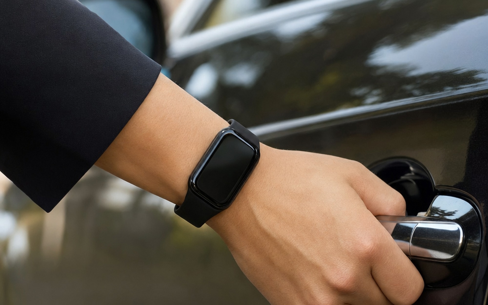 Person tapping Xiaomi Smart Band 10 Pro fitness band to car door handle unlocking vehicle using built-in NFC car key