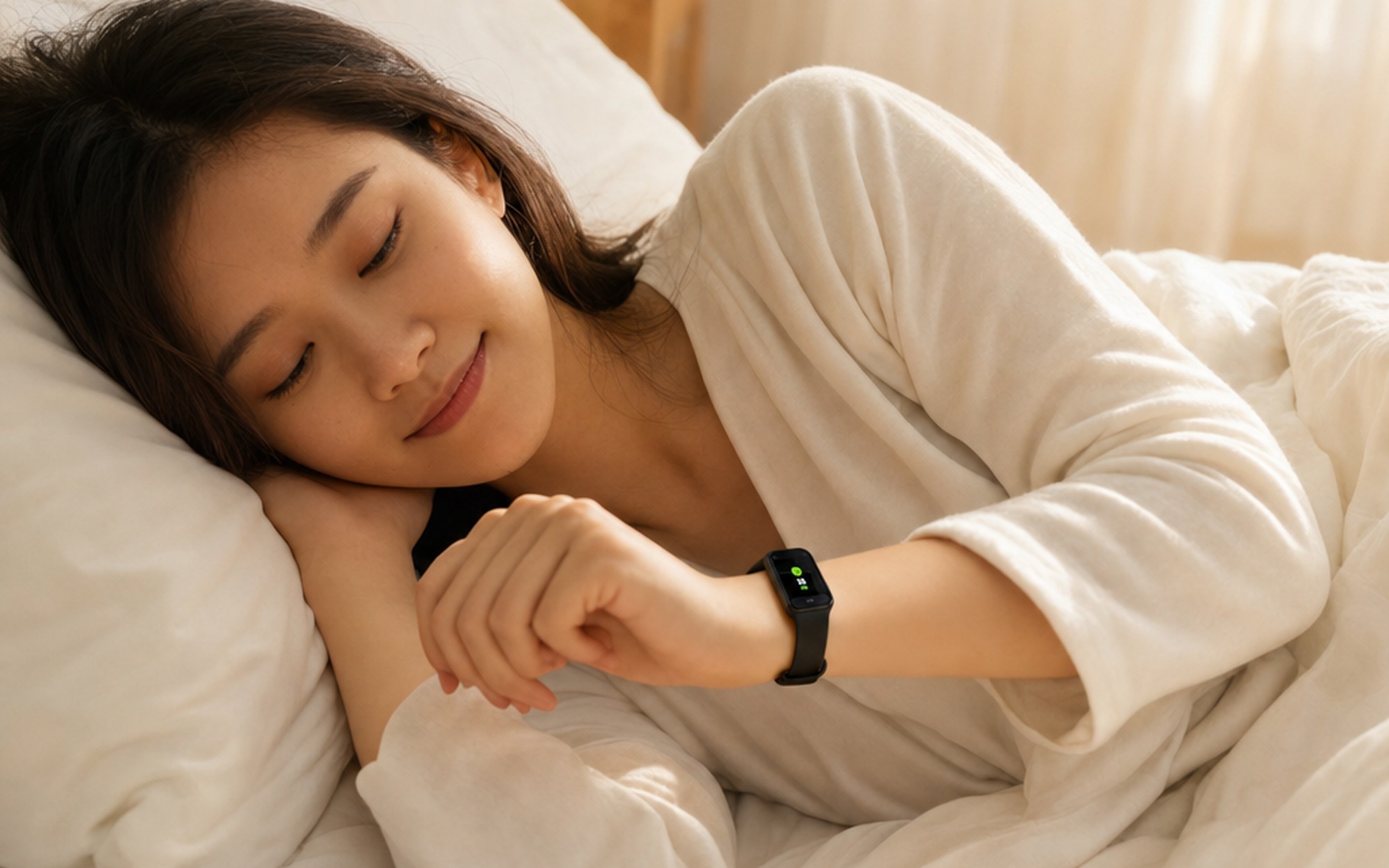 Young woman in cozy bedroom waking up checking Xiaomi Smart Band 10 Pro sleep HRV monitoring data and overnight health metrics