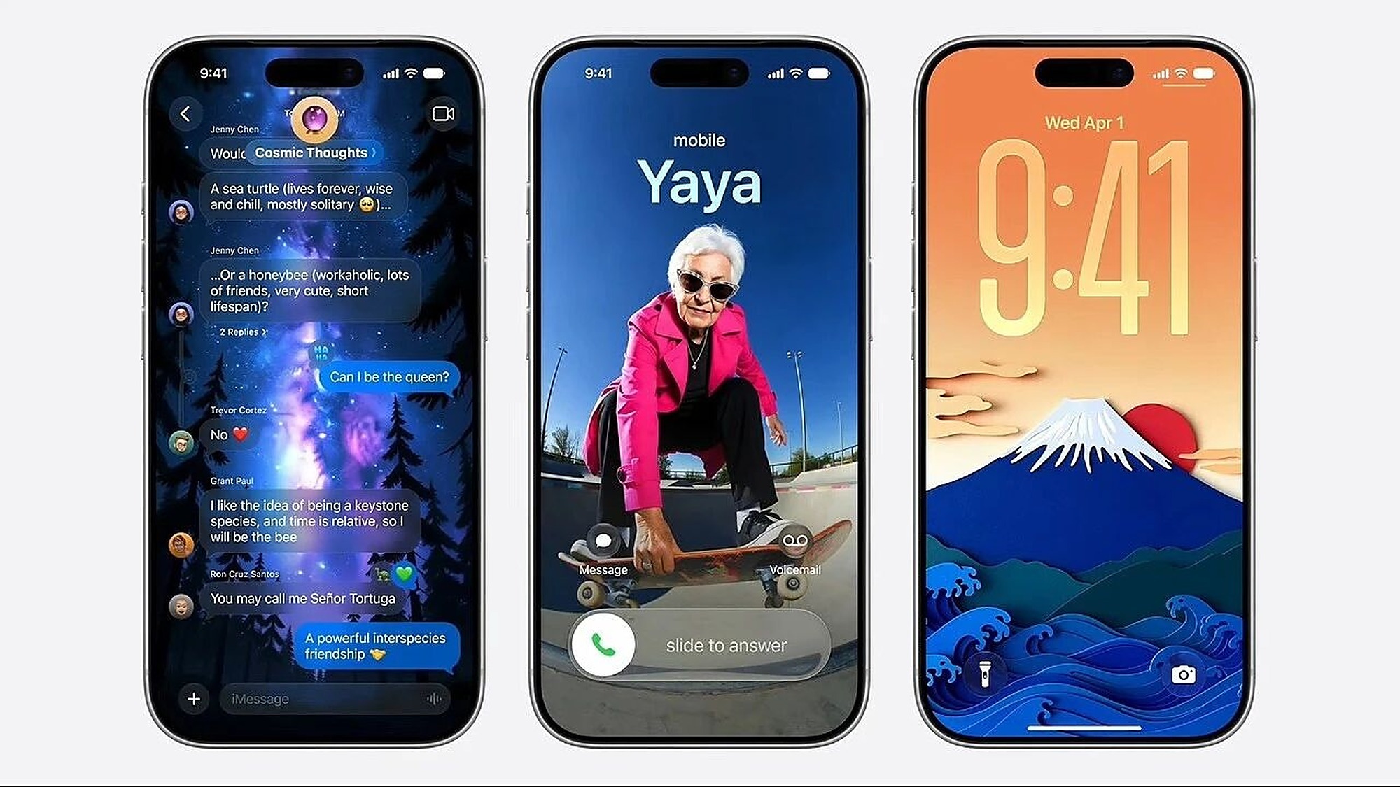 Three iPhones showing the new Siri AI conversational interface, Messages suggestions, and a redesigned lock screen from Apple Intelligence 2026