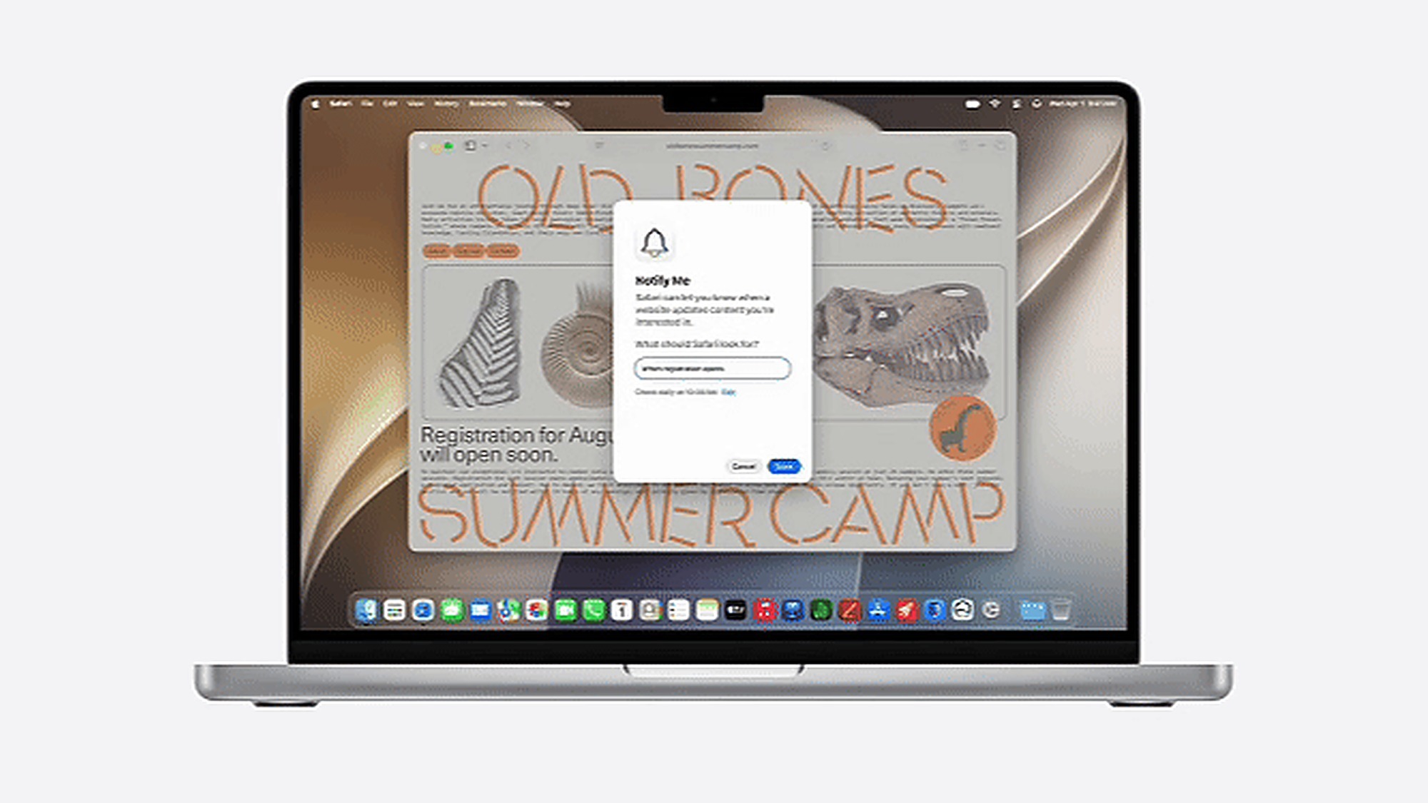 MacBook running macOS 27 with the Apple Intelligence Notify Me feature in Safari watching a web page for content updates