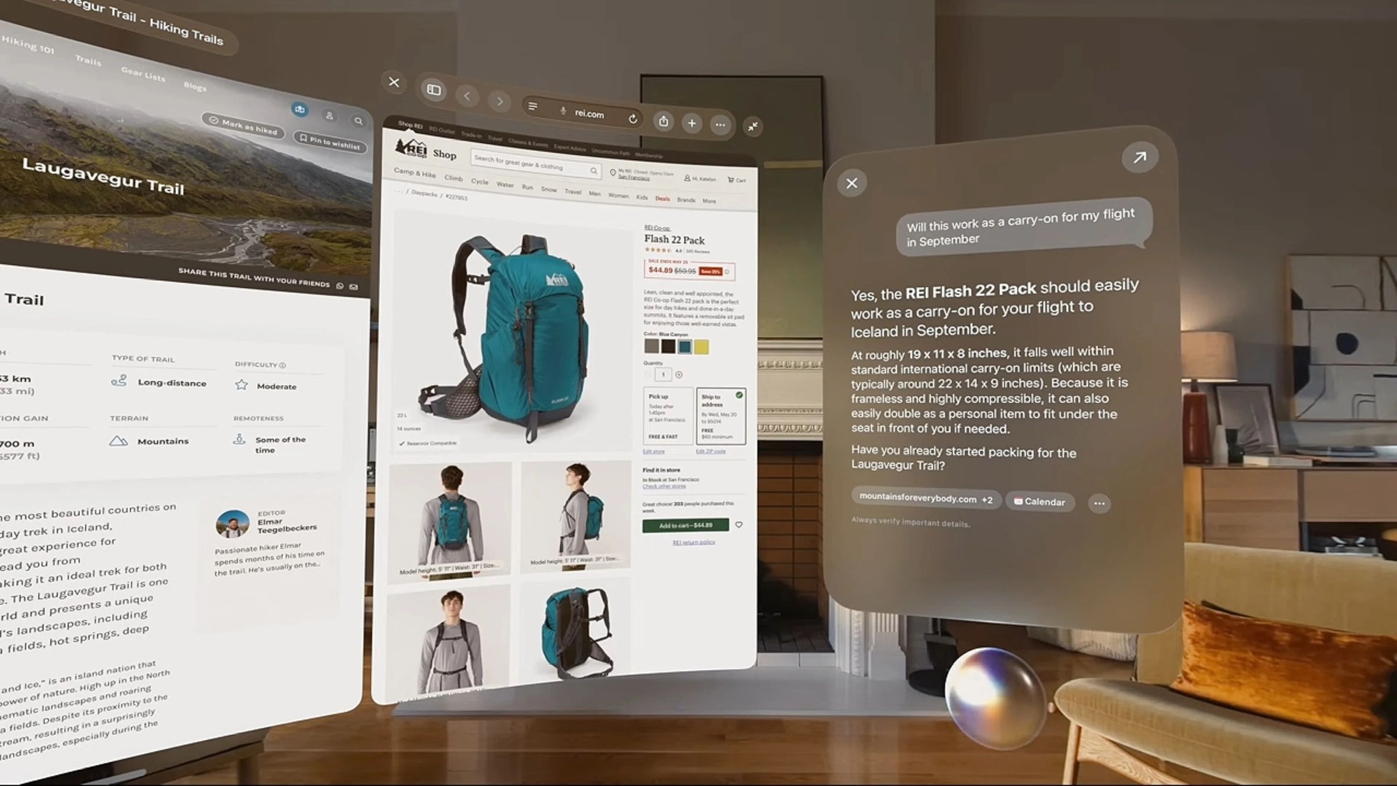 Apple Intelligence Visual Intelligence answering a shopping question about a backpack across spatial Safari windows on Apple Vision Pro