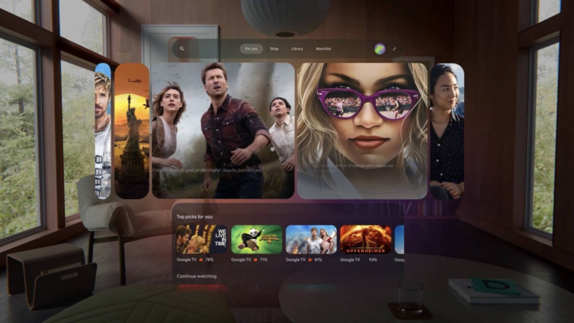 A floating spatial computing interface with media tiles in a bright living room, representing rival Android XR glasses platforms.