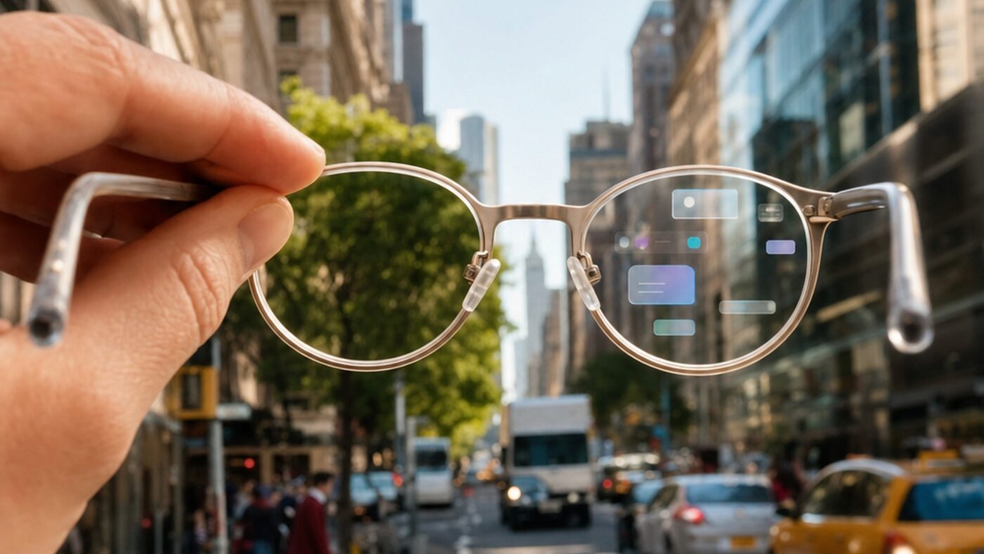 A hand holding lightweight Apple style smart glasses against a sunny city street with soft floating interface panels visible through one lens.