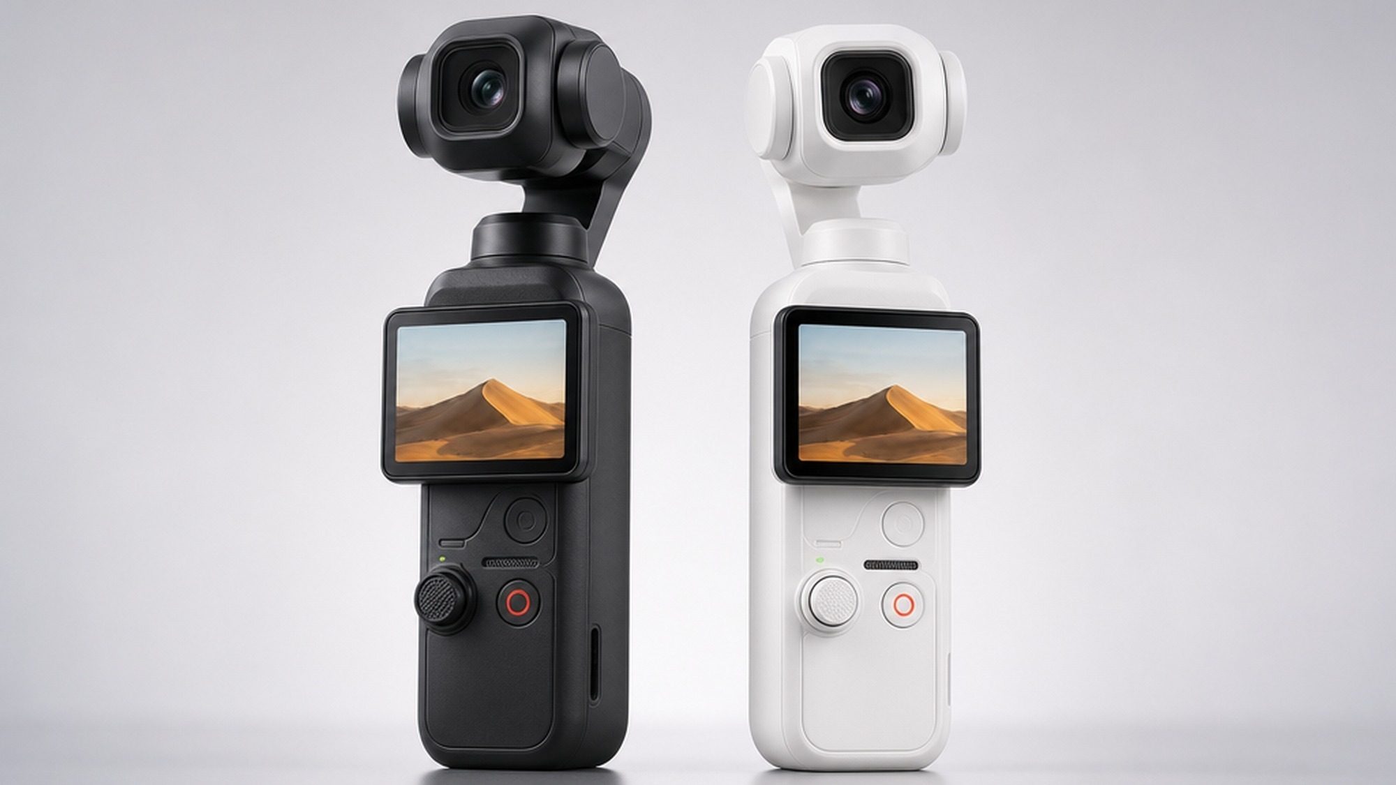 Black and white handheld pocket gimbal cameras standing side by side on a clean light studio surface for comparison