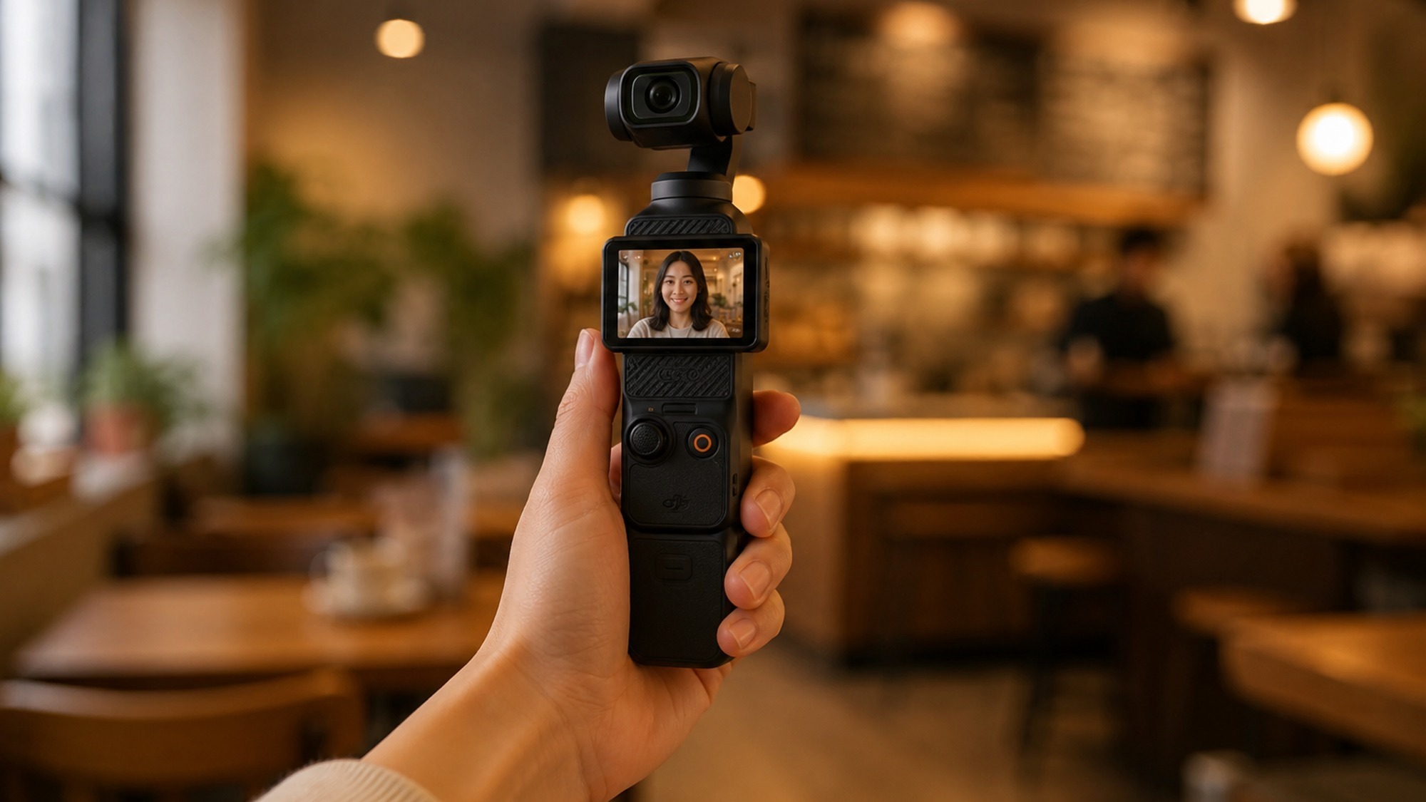 Black DJI Osmo Pocket and white Insta360 Luna Ultra handheld gimbal cameras standing side by side on a clean studio surface