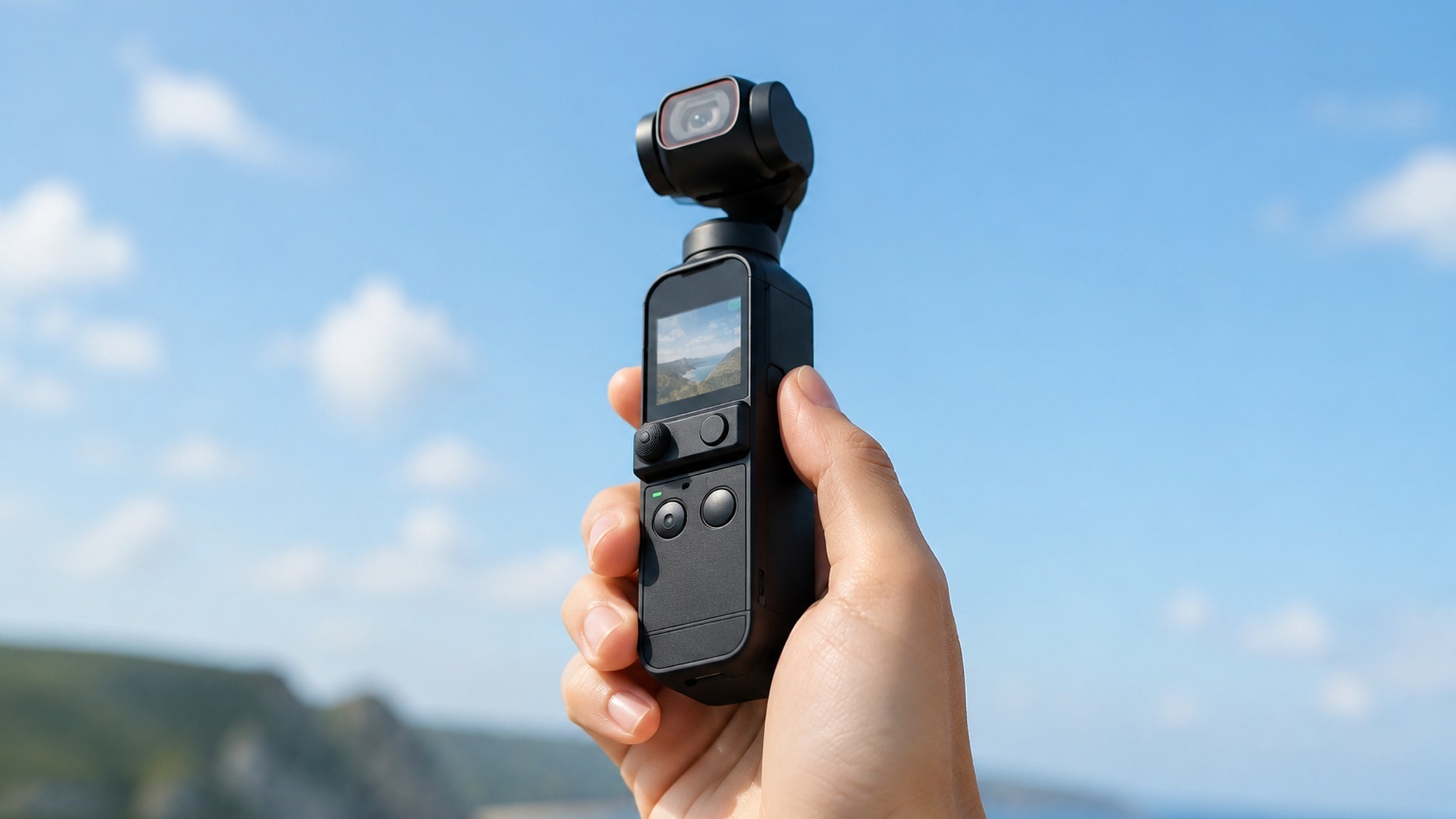 Hand holding a slim black pocket gimbal camera outdoors against a bright blue sky during a travel vlog
