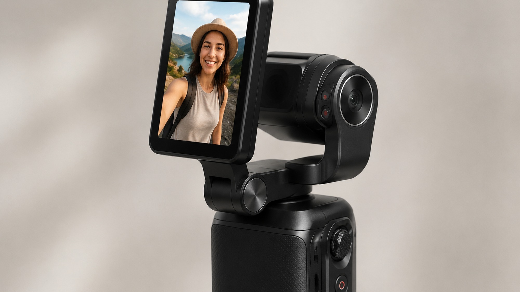 Close-up of a pocket gimbal camera with its touchscreen rotated up into vertical selfie position for vlogging