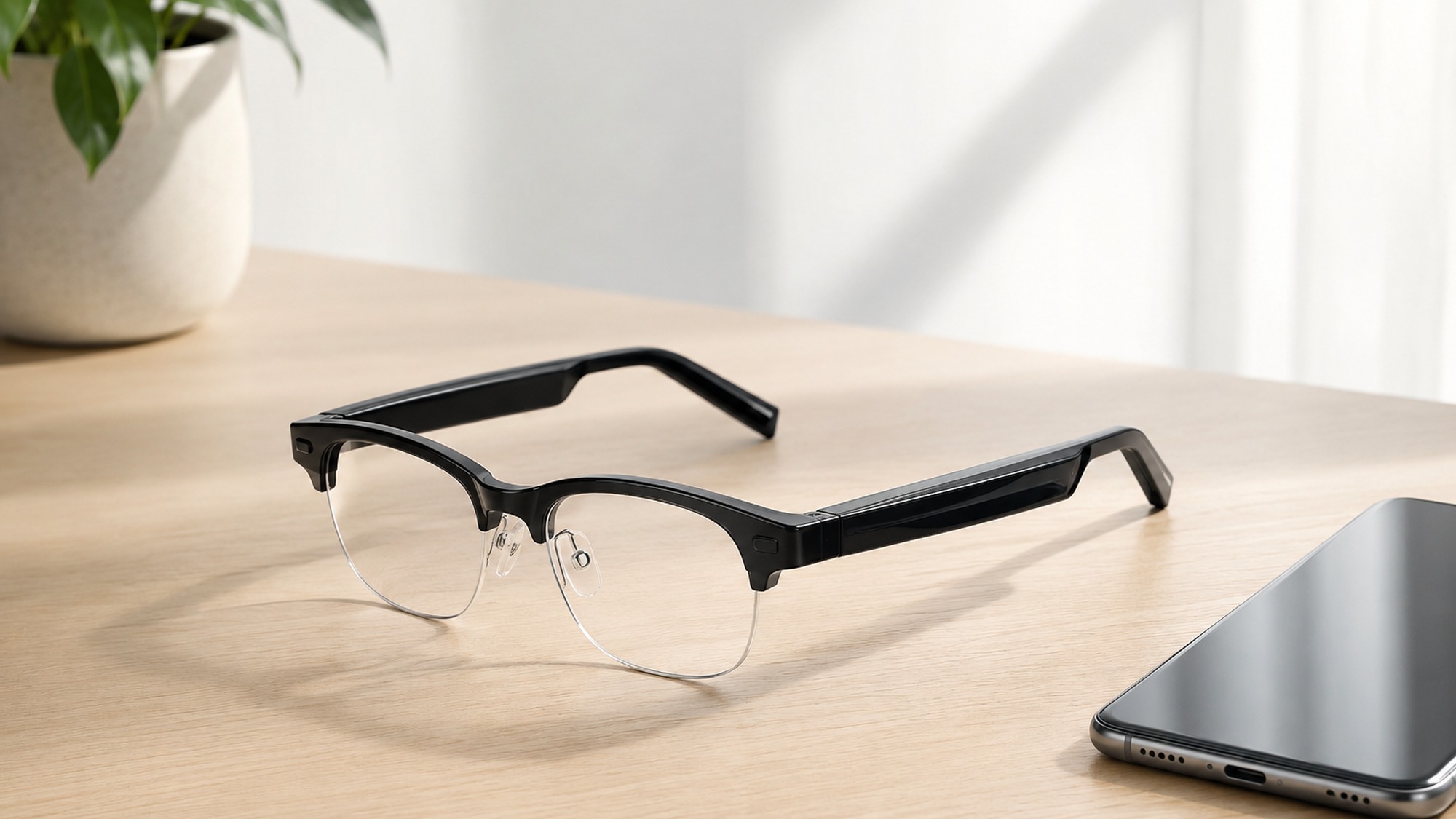 Huawei AI Glasses half-frame Titanium Silver Grey variant on a minimalist desk setup, showcasing the 12MP camera and ultra-thin 6.25mm temple design that looks like ordinary eyewear